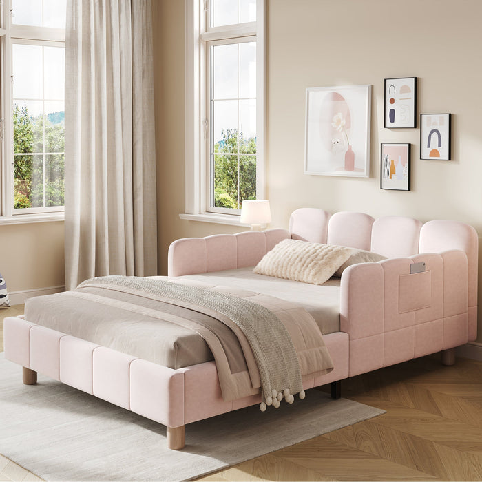 Upholstered Children's Single Bed with Headboard and Safety Rail, 90x200cm, Pink Velvet