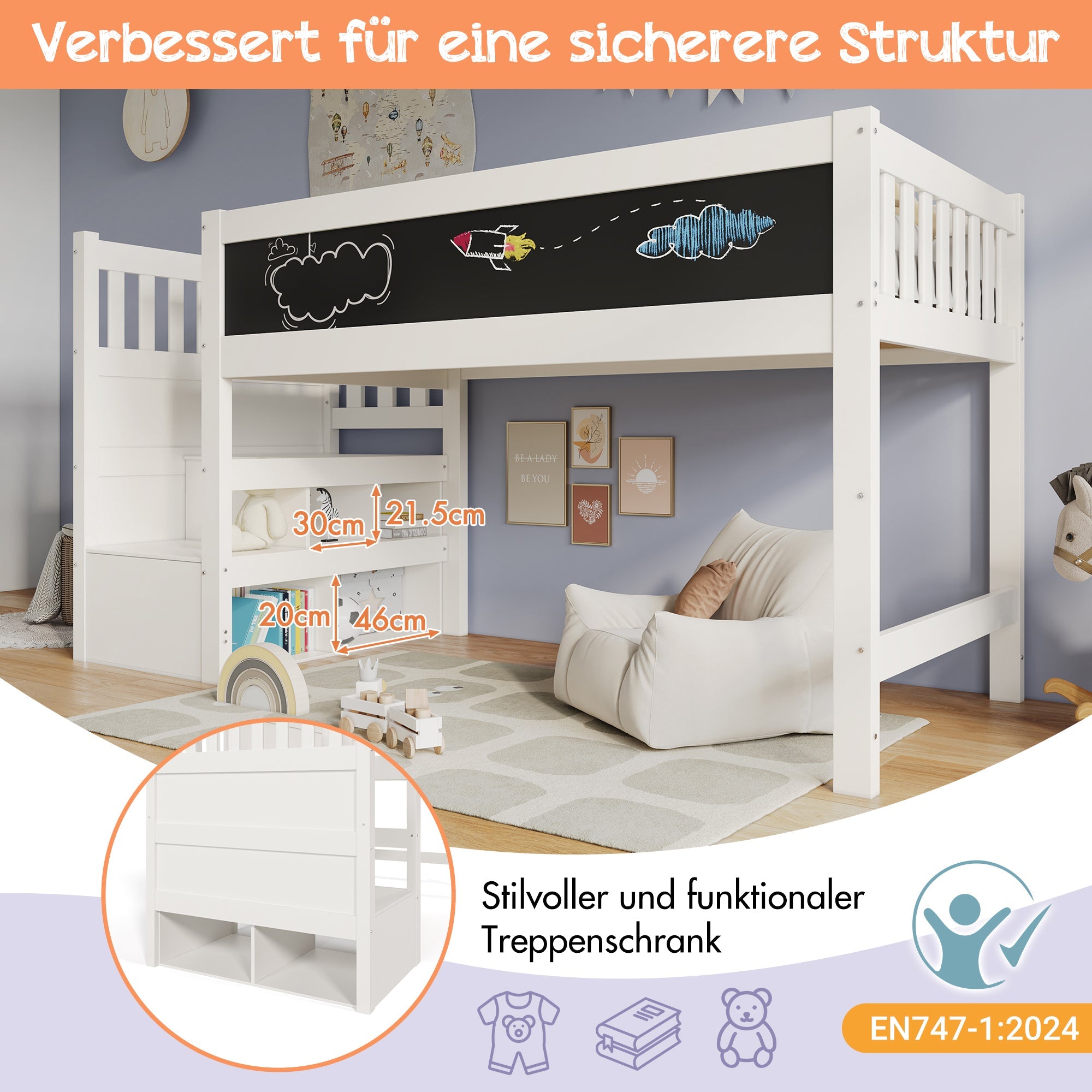 Children's Loft Bed with Whiteboard & Blackboard, Storage, 90 x 200 cm, White