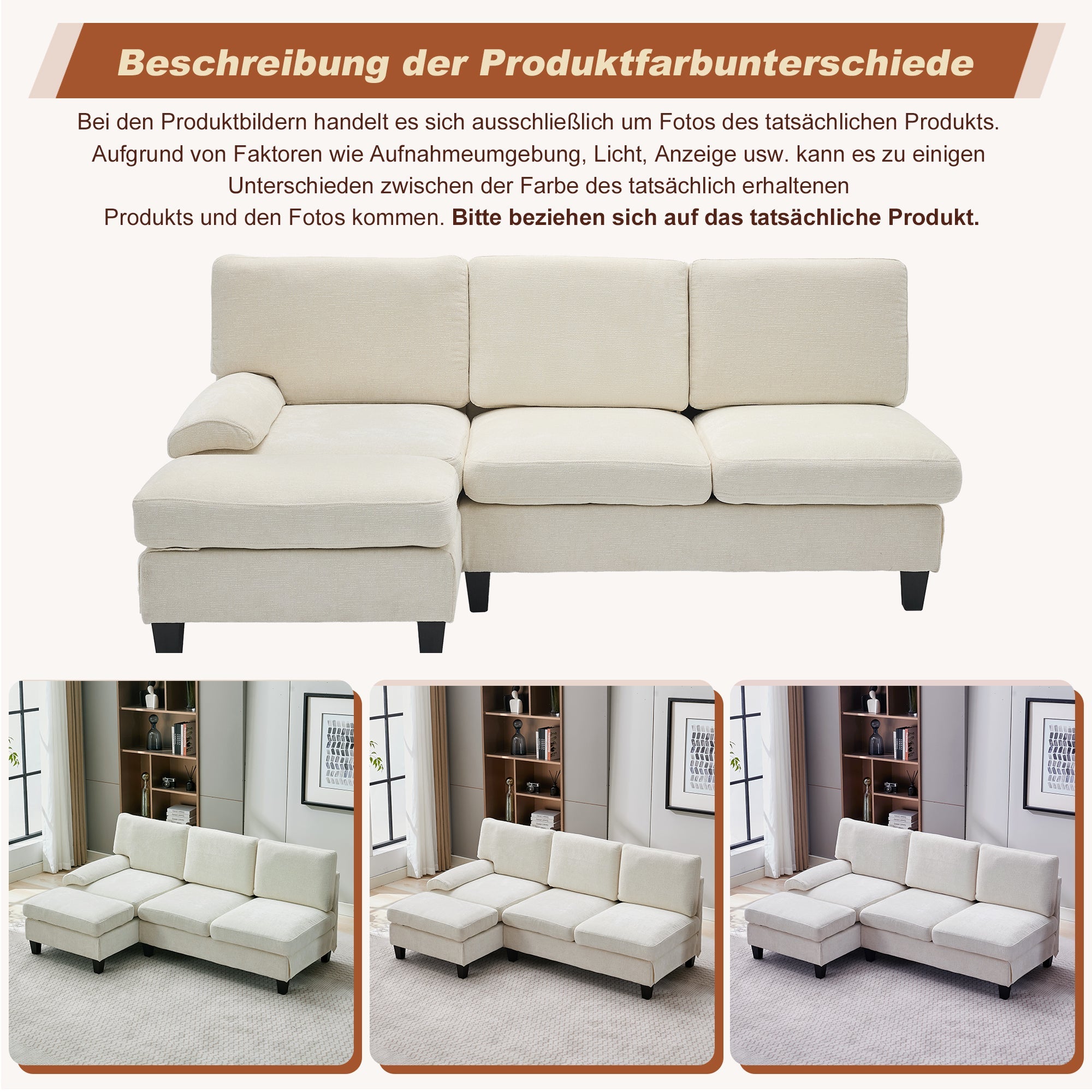 L-Shaped Sleeper Corner Sofa Upholstered 3-Seater Beige Linen