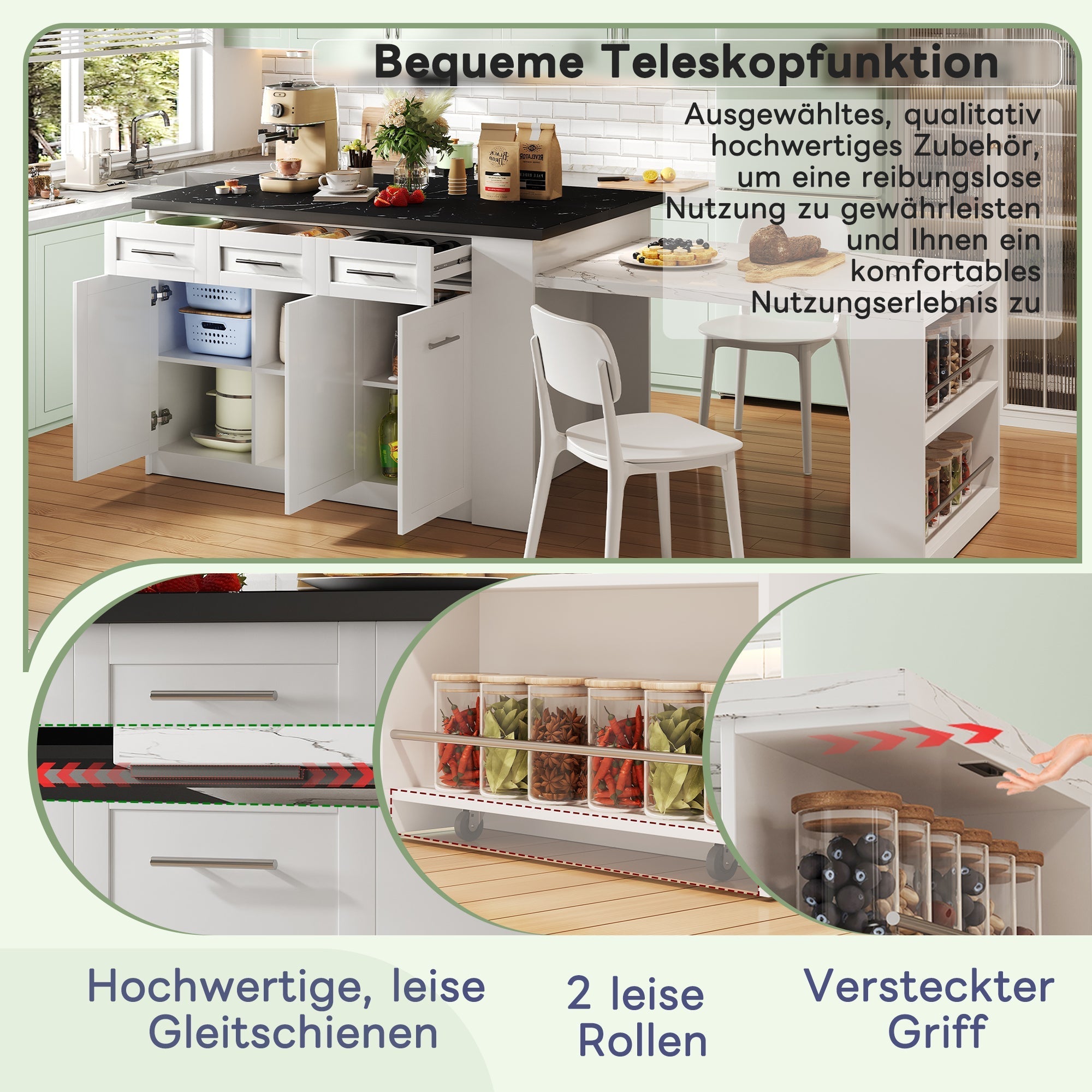 Kitchen Island Extendable Dining Table Storage Marbled Worktop White