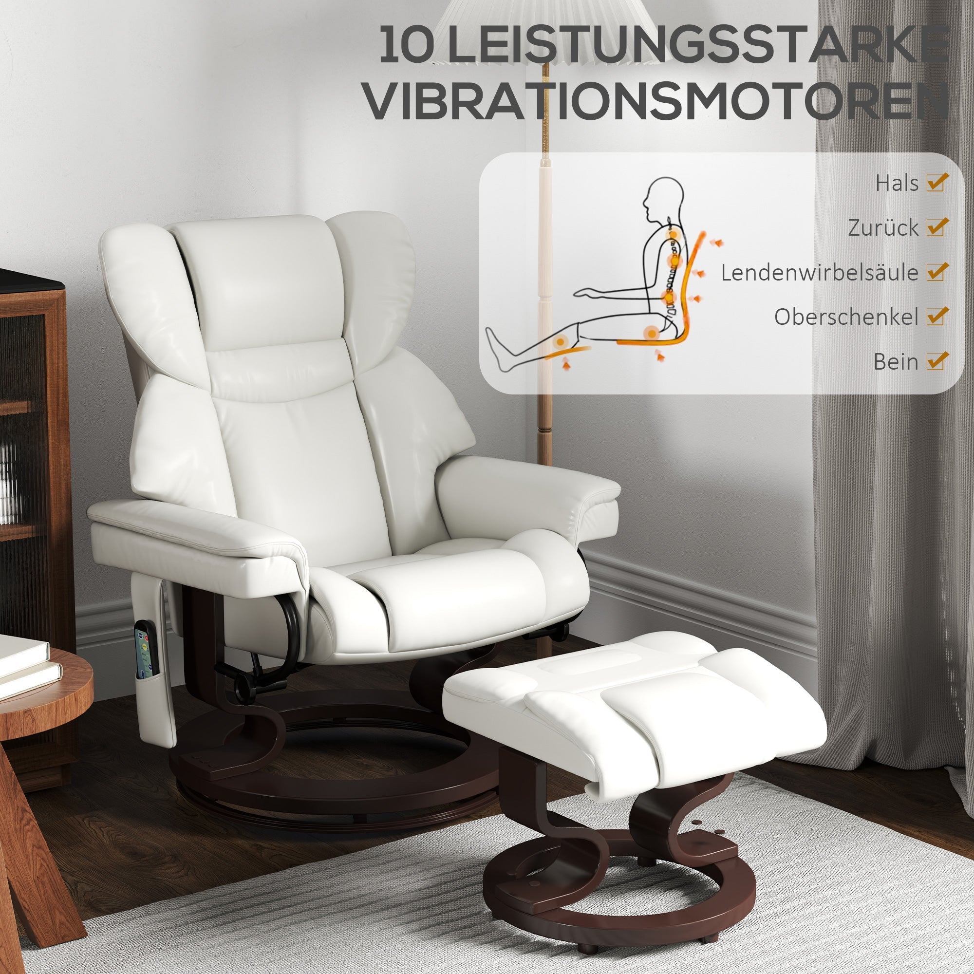 Reclining Armchair with Footstool, Electric Swivel Massage Function, Faux Leather, Cream White