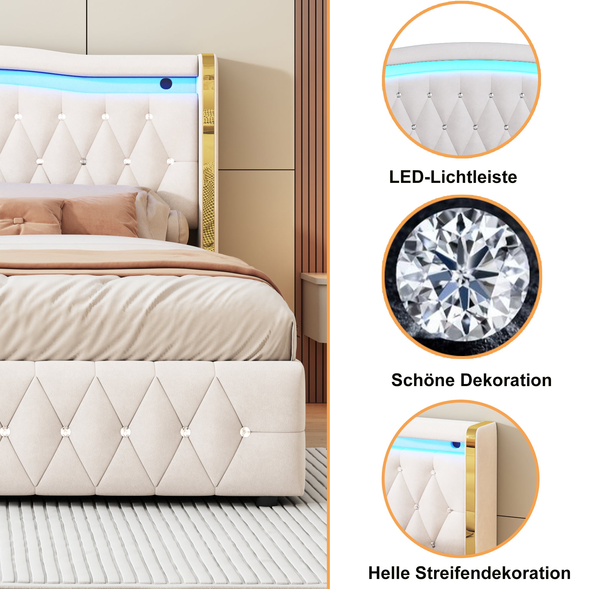 Upholstered Bed, 140x200cm, LED, Hydraulic Storage, Velvet Fabric, Beige