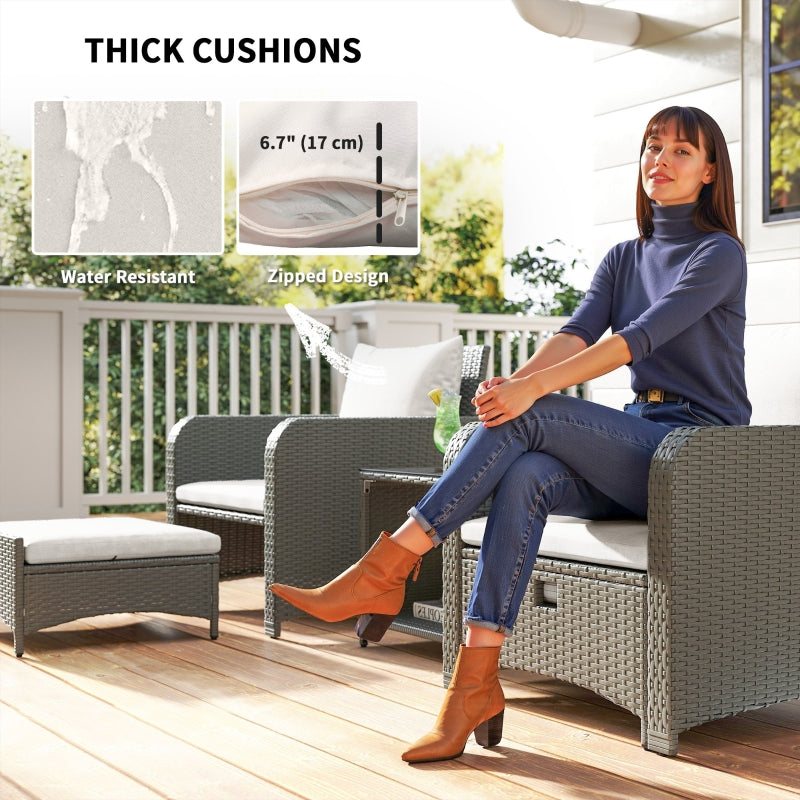 Five Piece Rattan Garden Furniture Set with 2-Tier Coffee Table and Ottomans Cream White