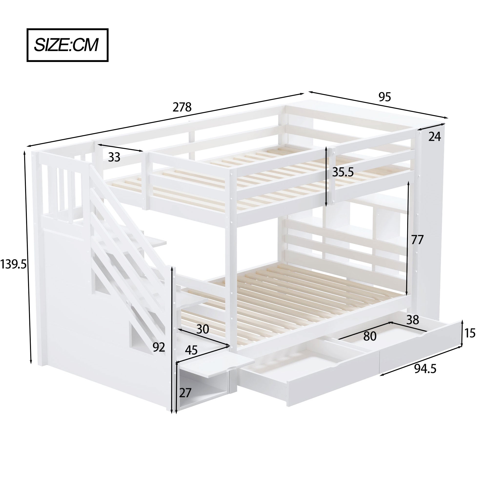 Bunk Bed, 90x200cm, Safety Ladder, Storage & Lockers, Pine Wood, White