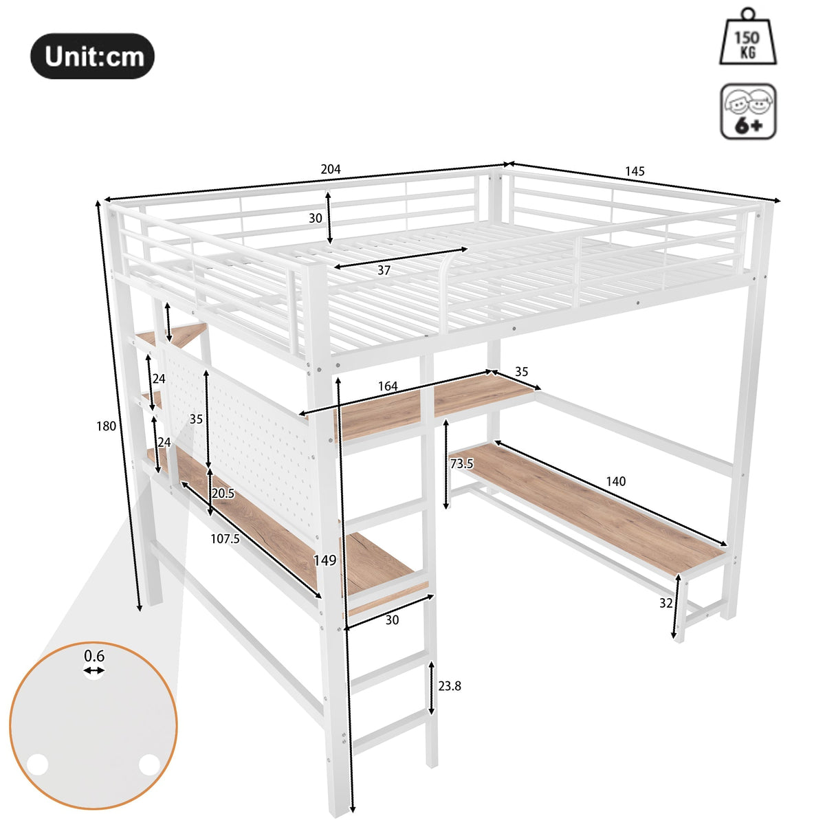 Loft Bed 140x200cm Desk Storage LED USB/Type-C Pegboard - White Iron Frame
