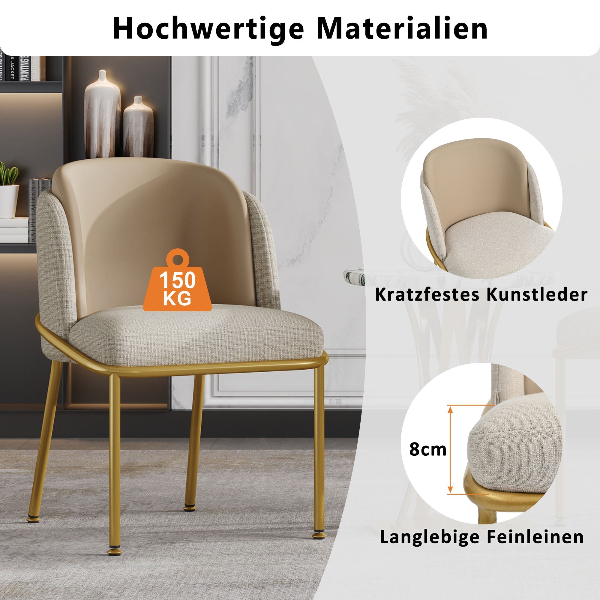 6 Modern Chairs, Angled Legs Adjustable Feet (Beige+Khaki)