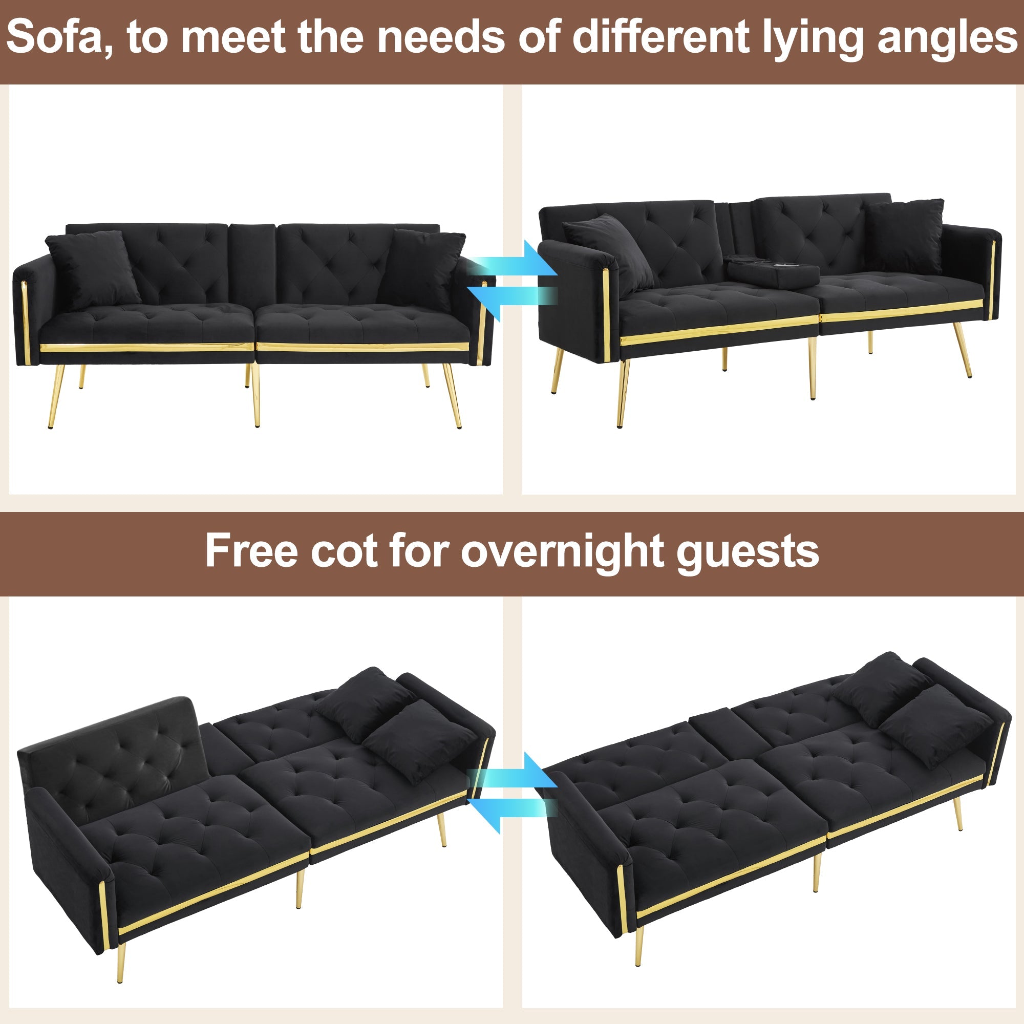 Two-seater Sofa Bed with Adjustable Backrest, Gold Accents, and Cup Holders - Velvet