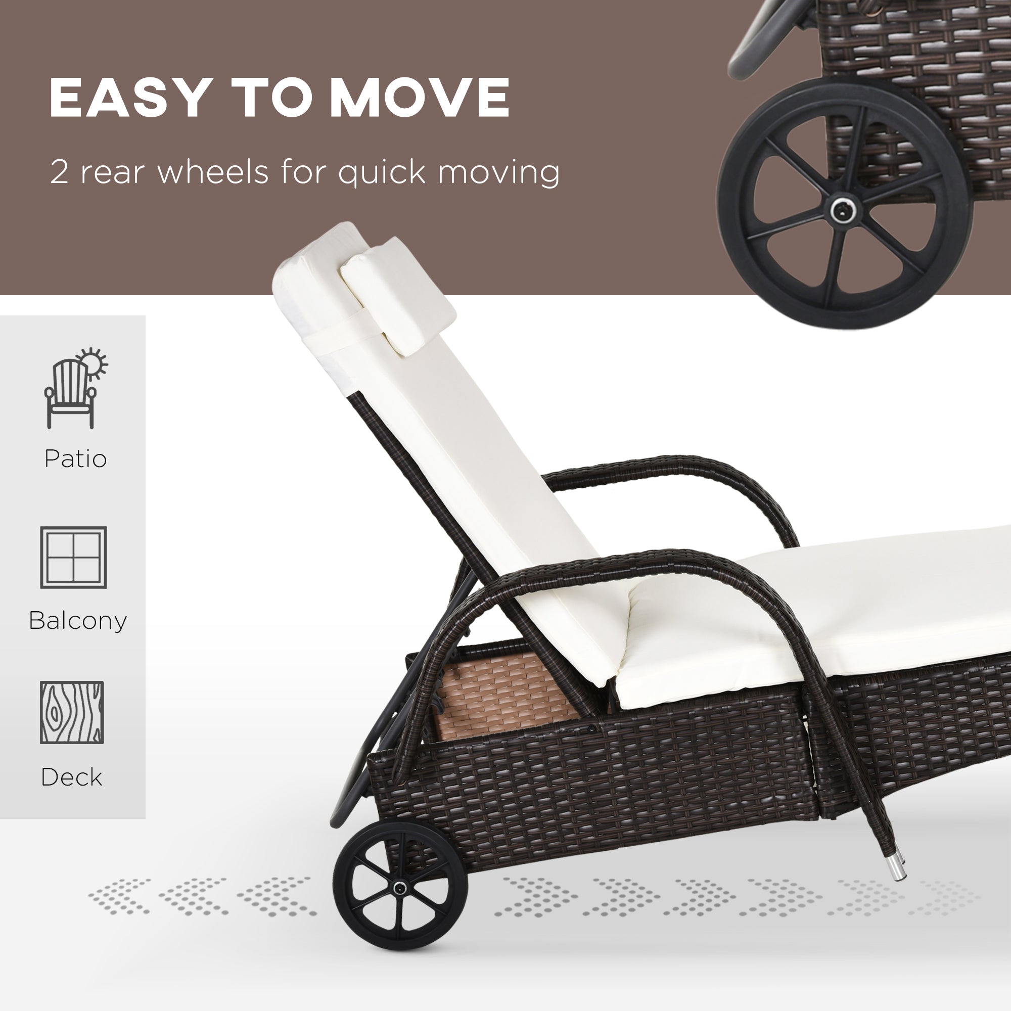 3 Pieces PE Rattan Patio Lounge Chair Set with Wheels and Coffee Table, Brown