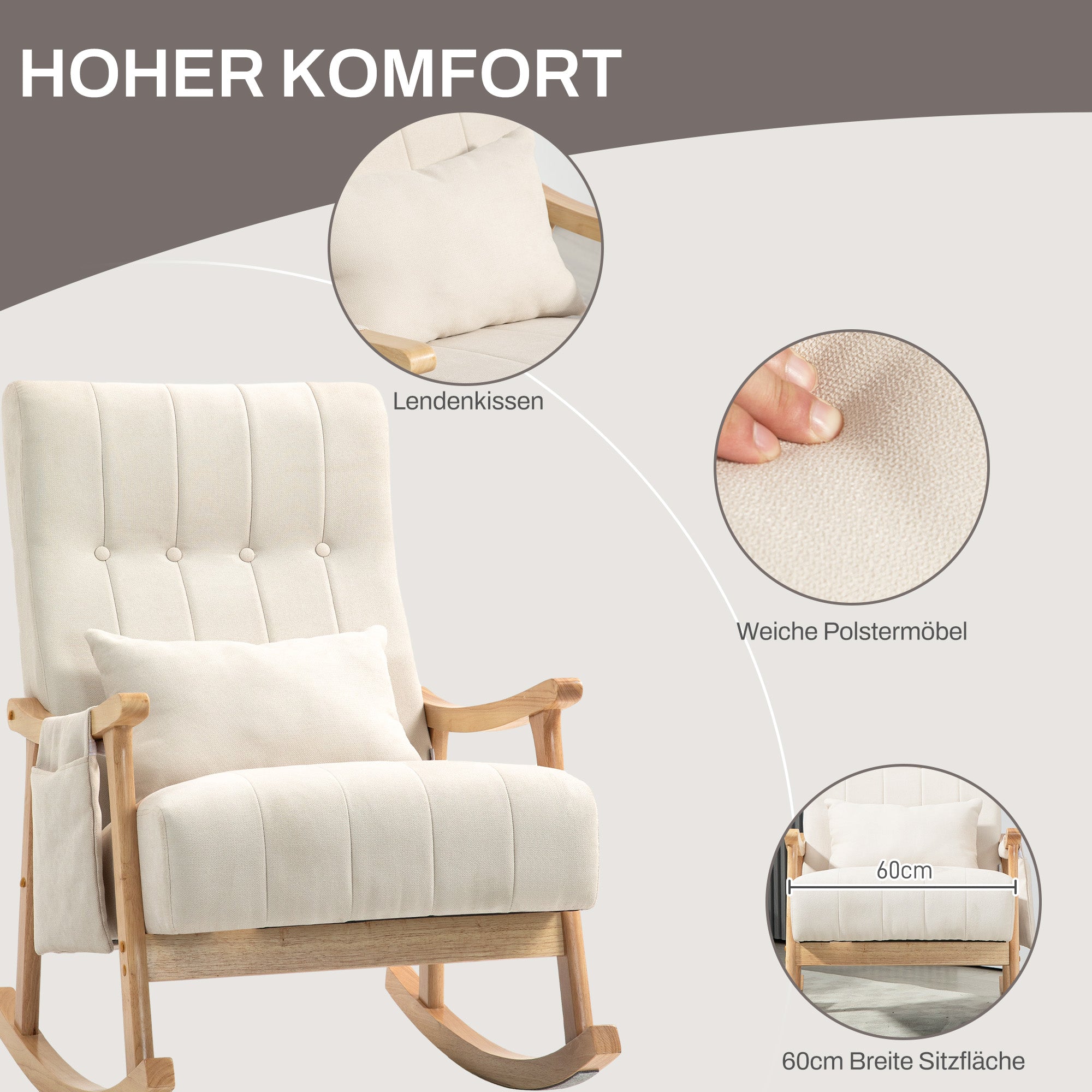 Rocking Chair Padded with Lumbar Cushion Side Pocket Wooden Frame Linen Look Beige