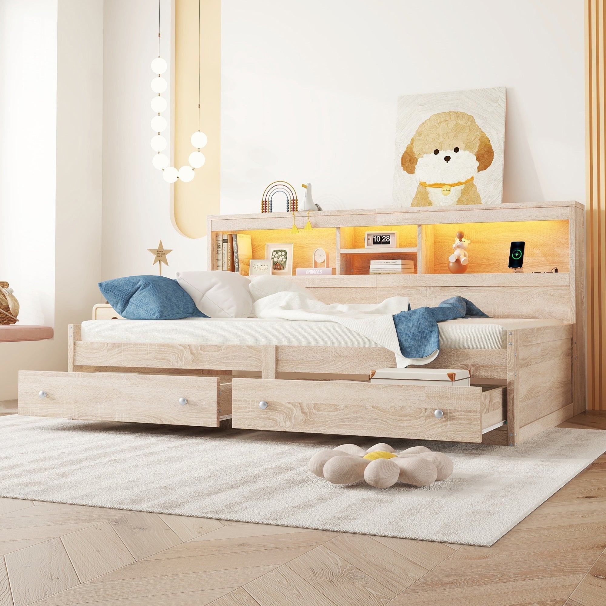 Daybed Sofa Bed 90x200cm Nightstand USB Charging Ambient Lighting 2 Drawers Chipboard Natural