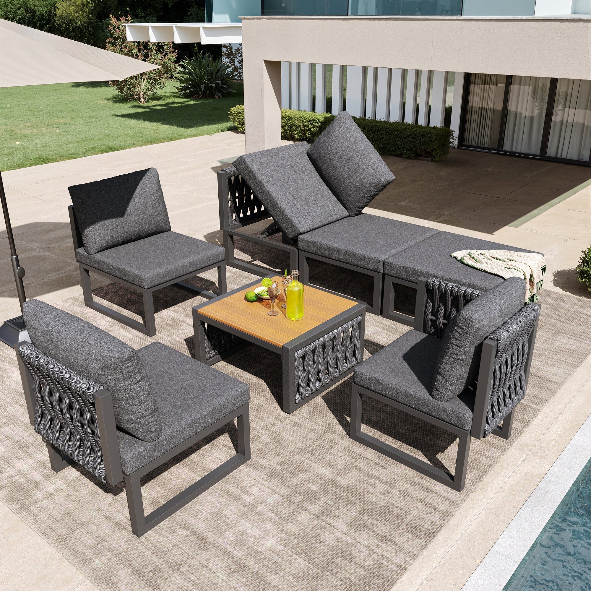 Garden Furniture Set 6-Person Lounge Double Sun Lounger Adjustable Backrest Cushions - Grey