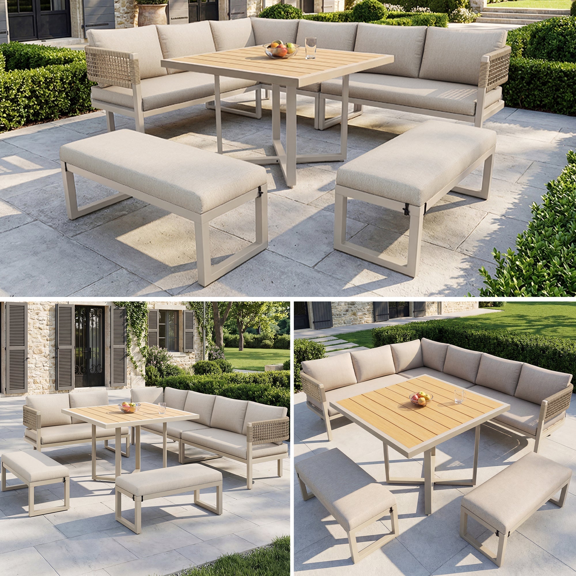 Garden Lounge Set for 8-10 People with Large Dining Table and Cushions, Plastic Wood and Ropework