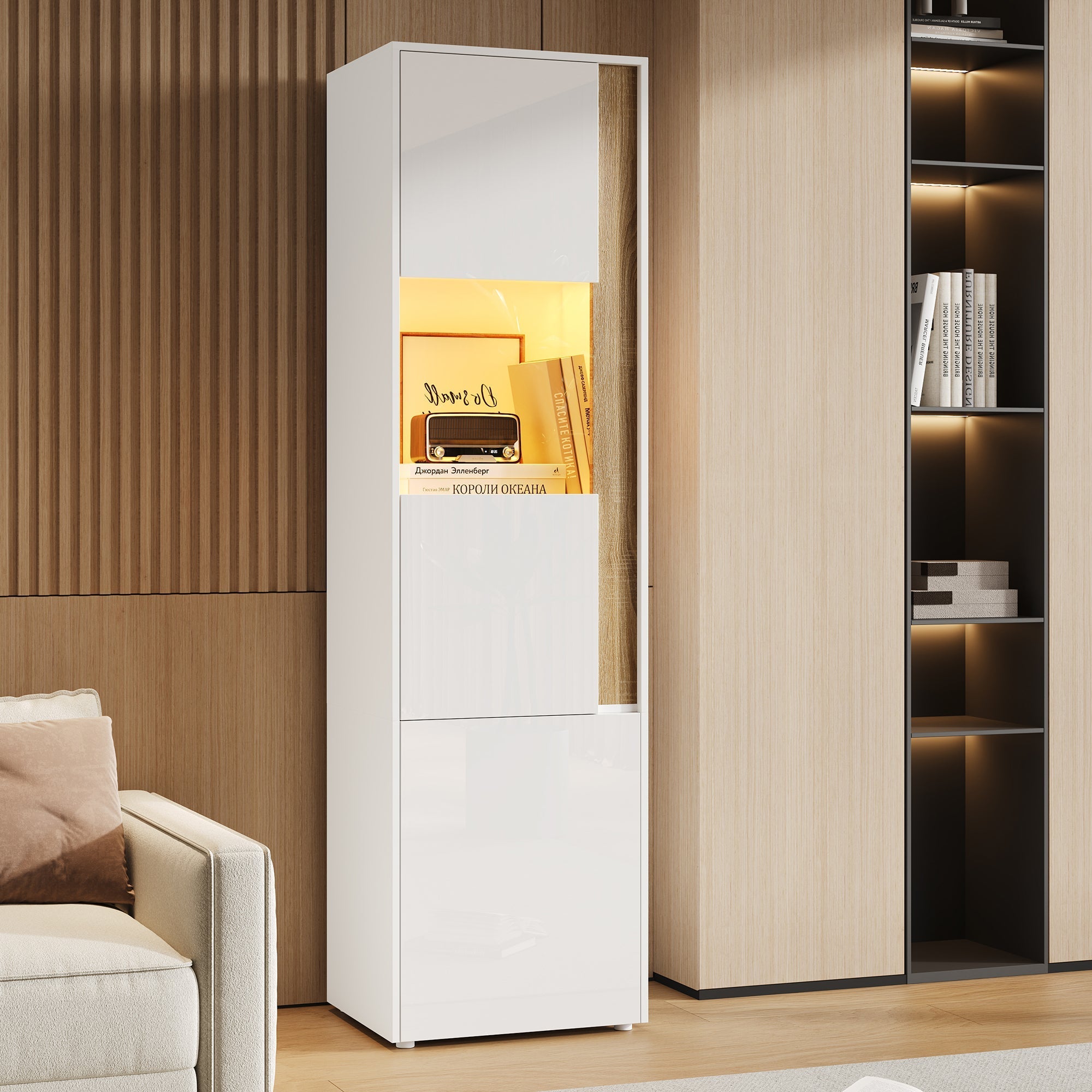 Display Cabinet Tall Storage Unit with LED Lighting 2 Doors White/Natural