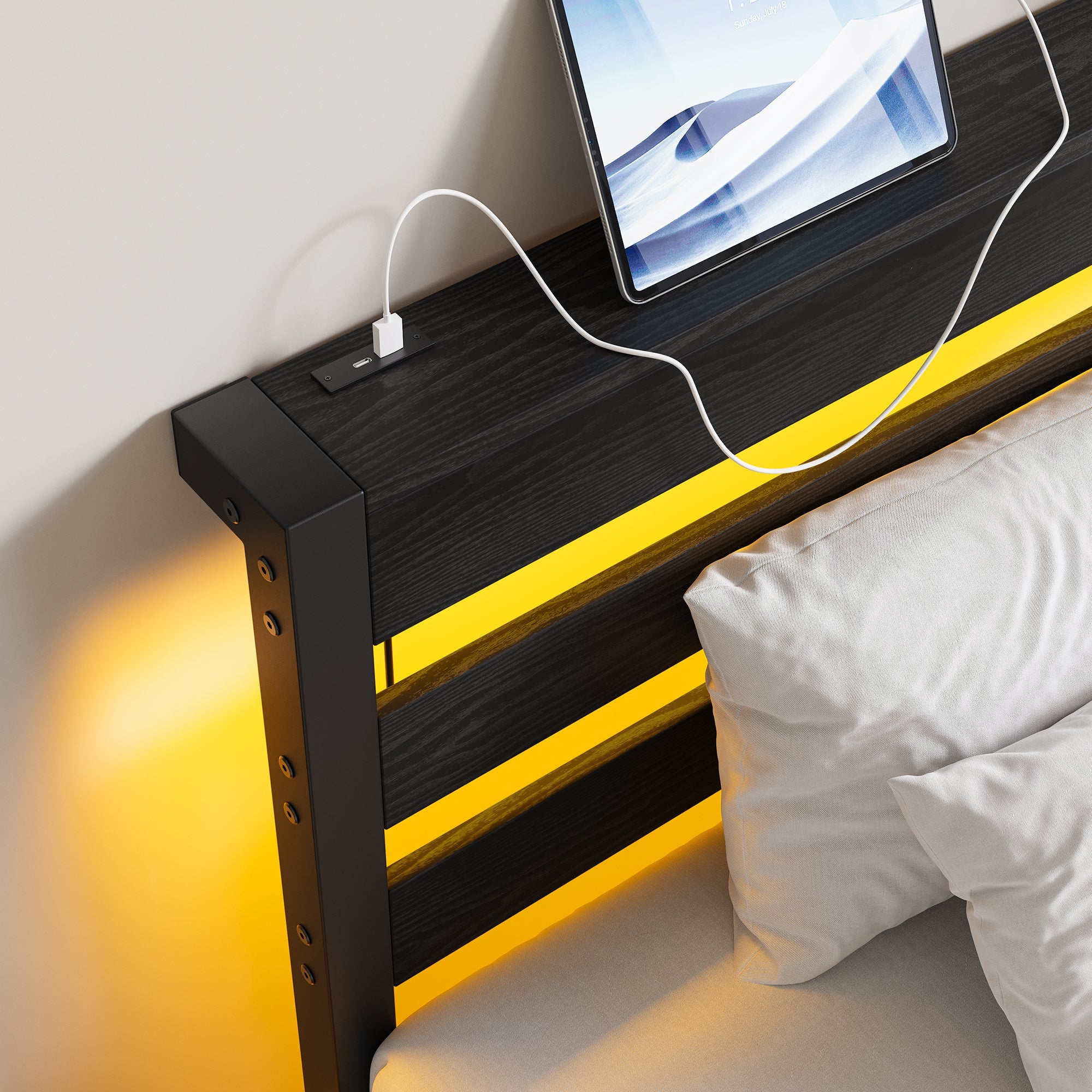 Metal Bed Frame 90x200 with LED Light USB Charging & Under-Bed Storage