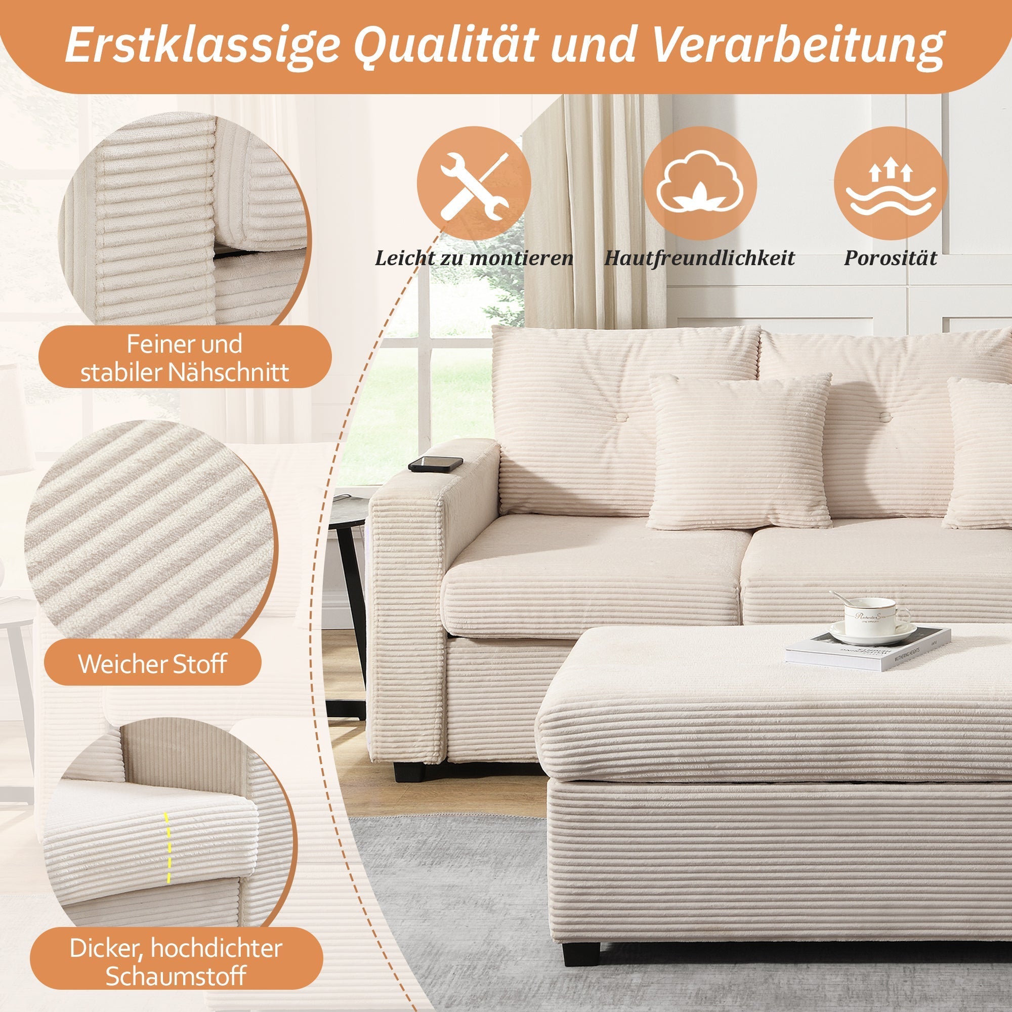 Sofa, Modern LED Combination with Cloud-Like Seating, 3-Seater + Ottoman, Modular L-Shaped