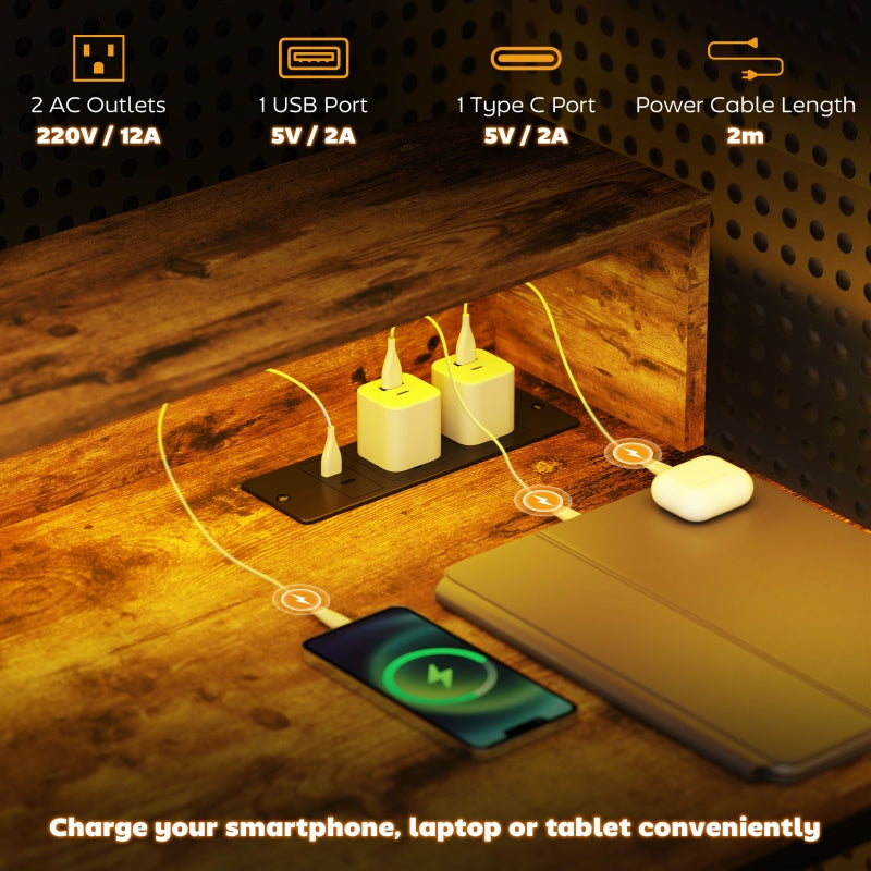 120cm Computer Desk Gaming Table LED Lights Power Outlets Monitor Stand, Rustic Brown