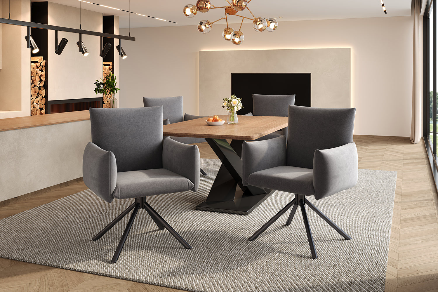 Set of 4 Dining Chairs Upholstered Swivel Metal Legs - Velvet Grey