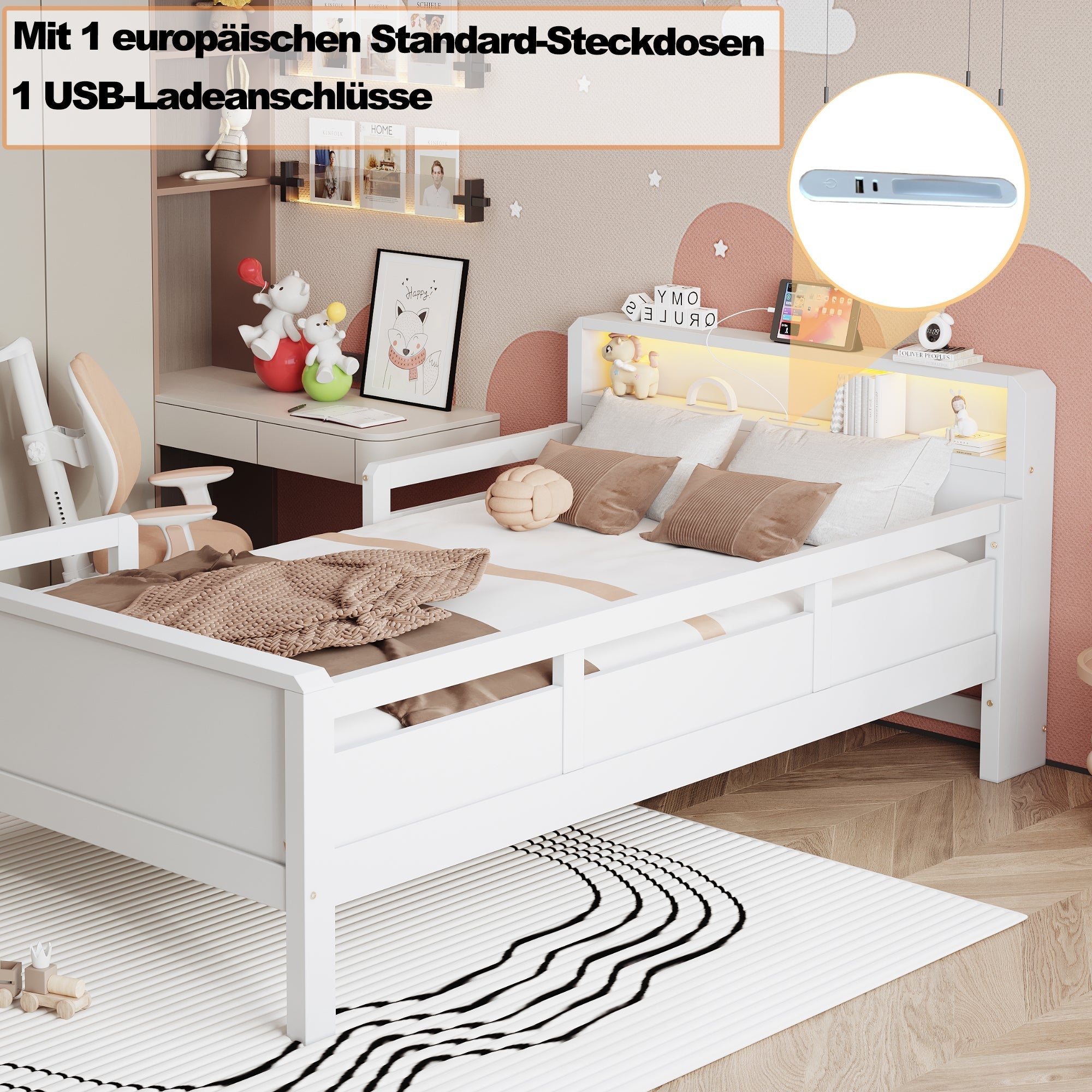 Wooden Bed, 90x200cm Multifunctional with USB & LED, Pinewood White