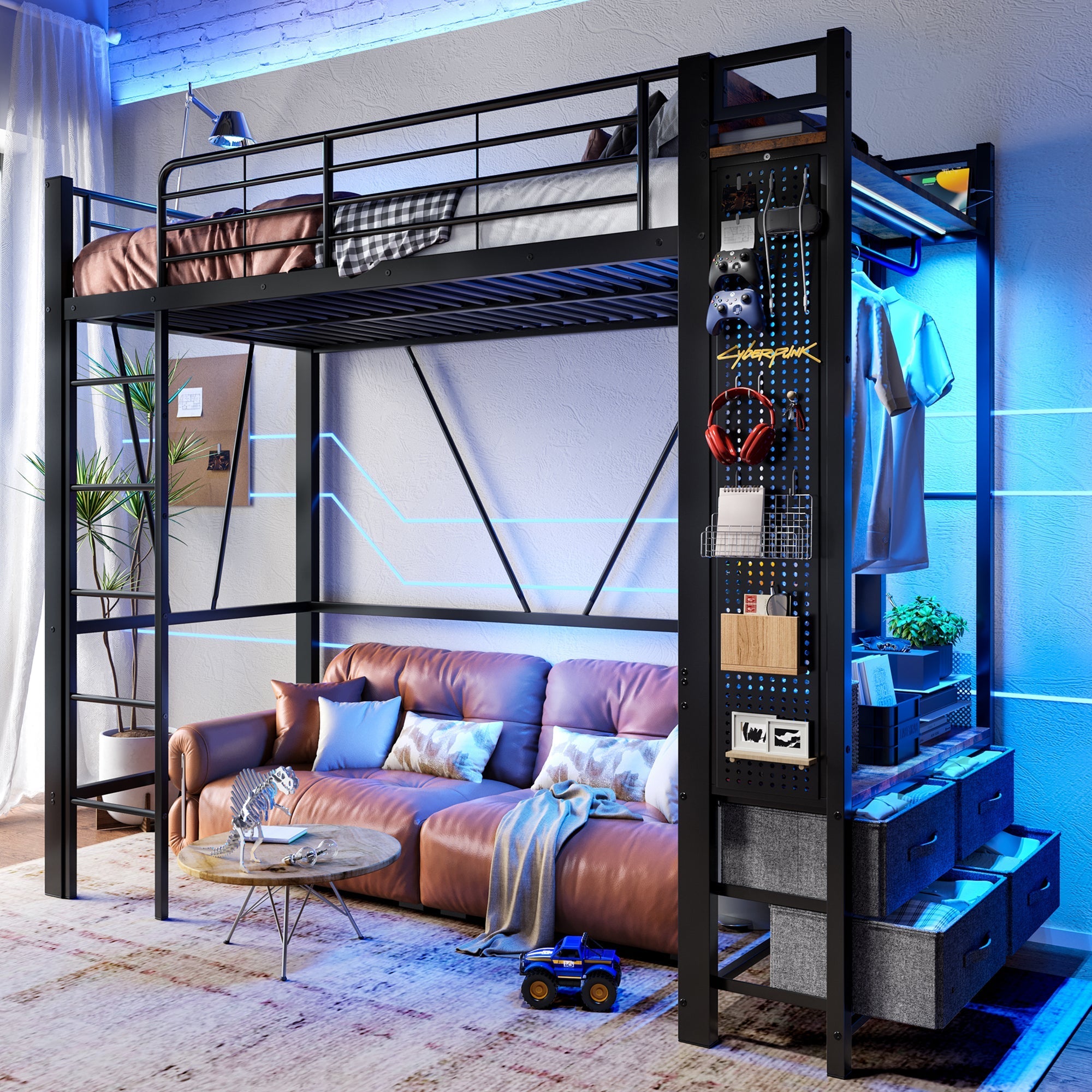 Loft Bed 90x200cm Iron Frame with 4 Drawers Shelves LED USB/Type-C Socket Pegboard black