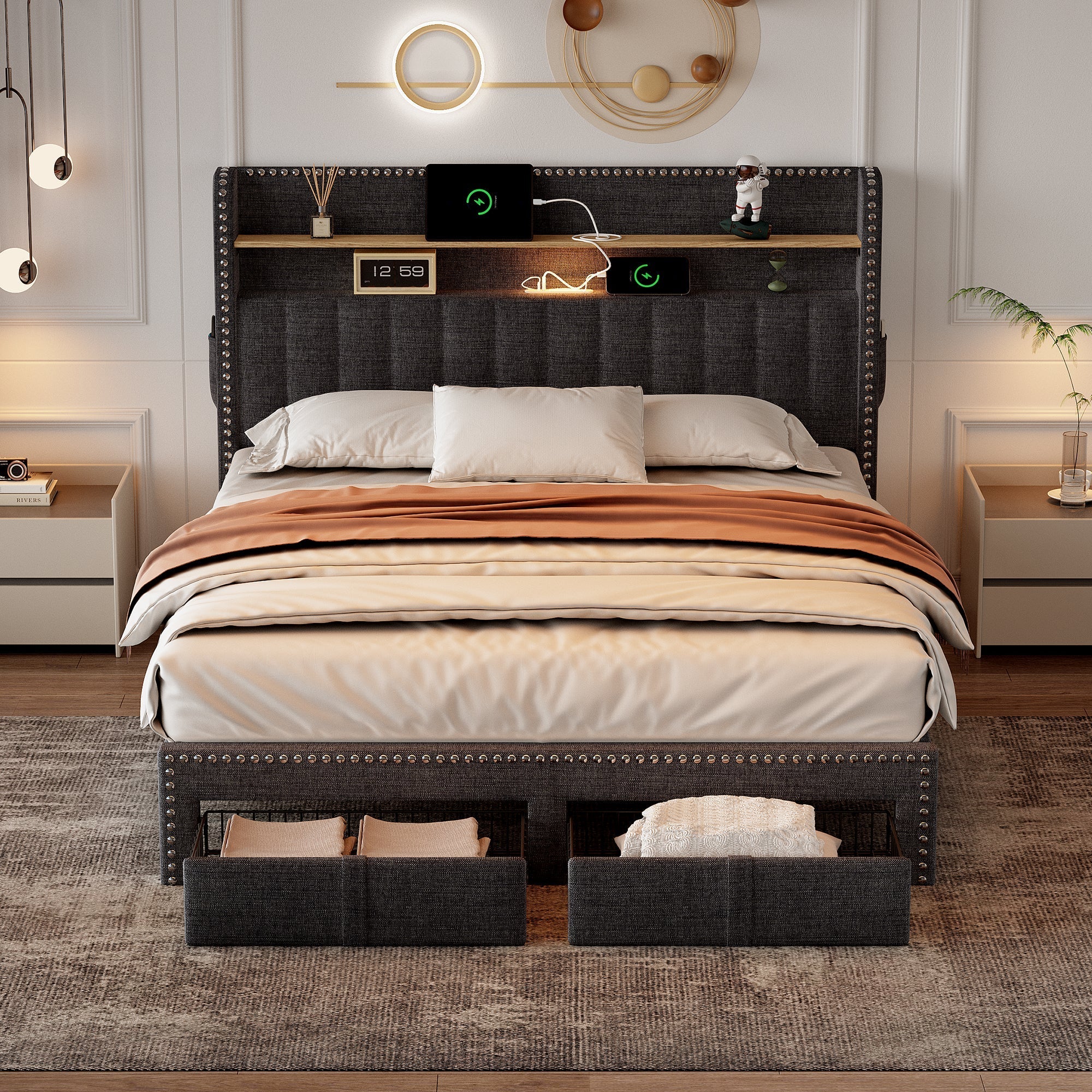 4ft6 Double Upholstered Bed with 2 Storage Drawers, Riveted, Charging & Lighting, Linen Platform, Grey