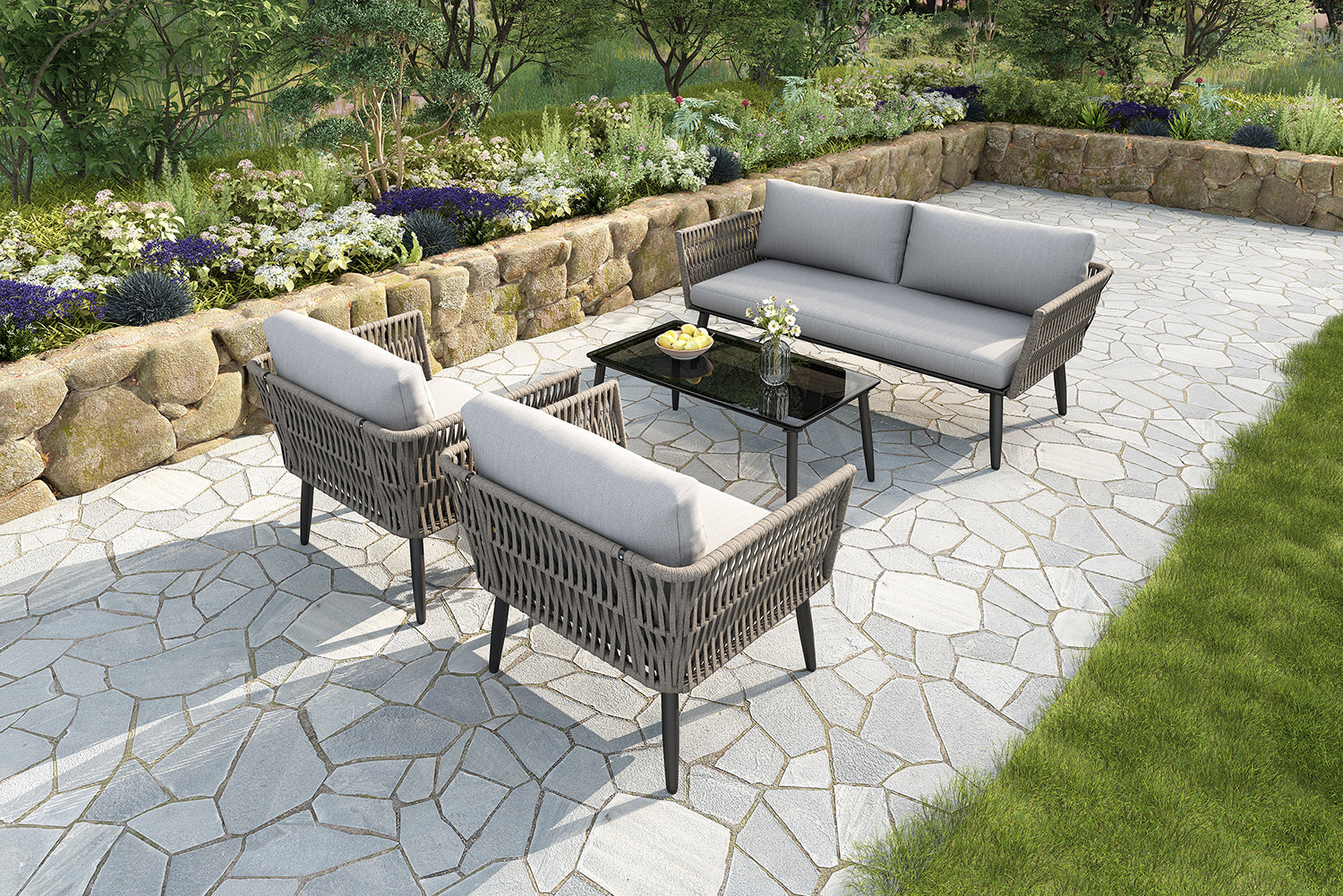 Garden Lounge Set with 2-Seater Sofa, 2 Armchairs and Coffee Table, Grey PE Rope and Steel