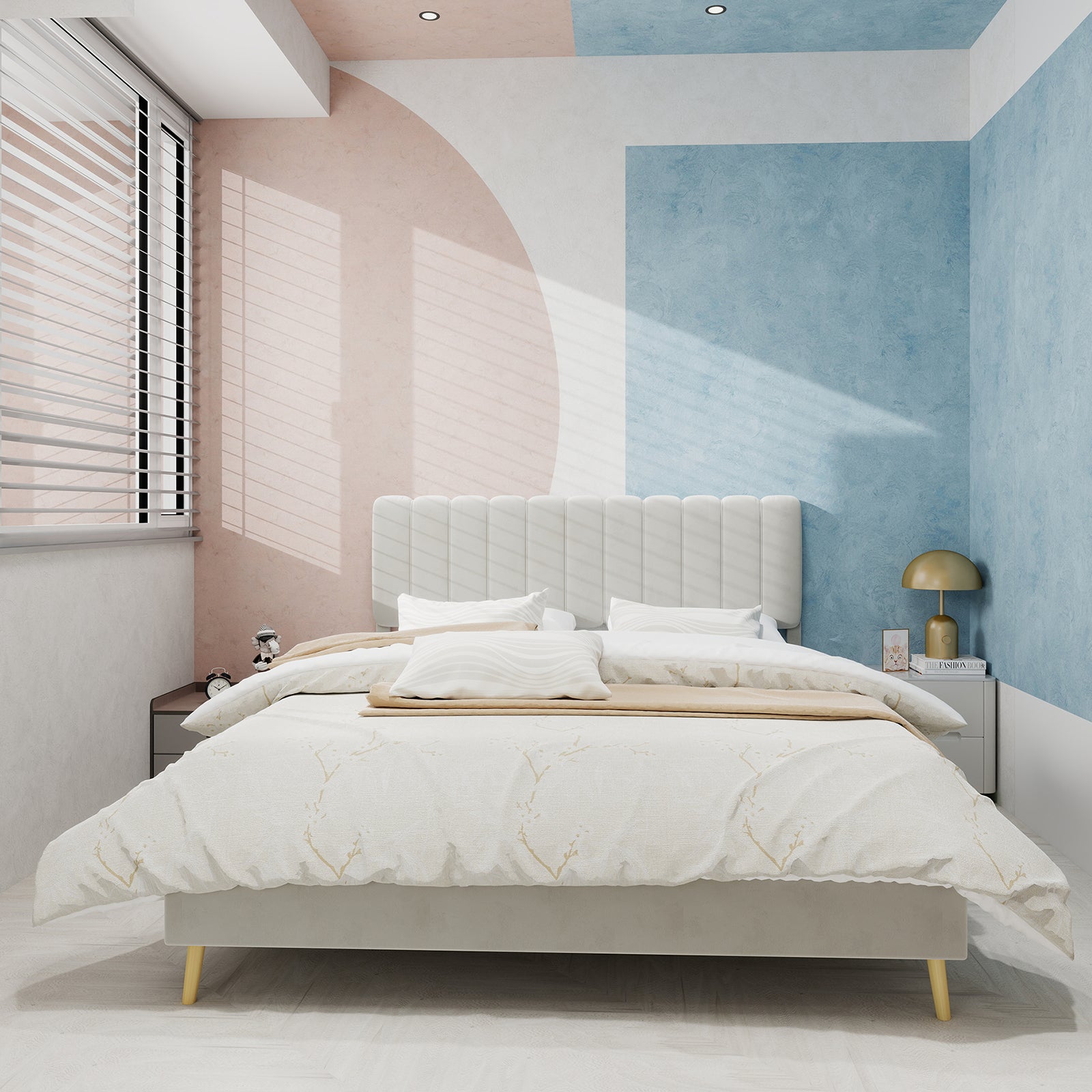 Upholstered Bed, Modern Minimalist Plush Headboard, 160x200cm, Beige