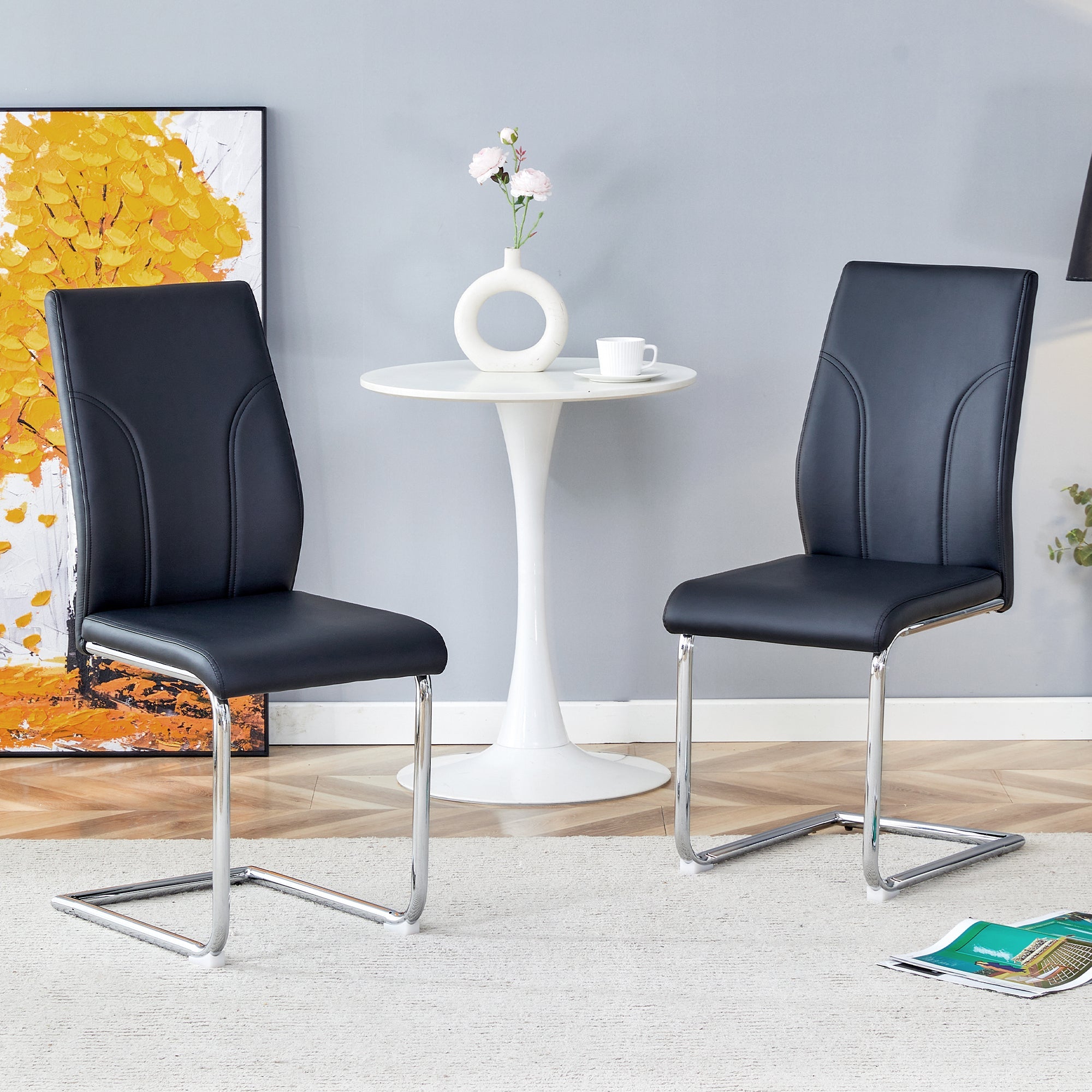 Dining Chairs, Set of 2, Silver Metal Legs, Black PU