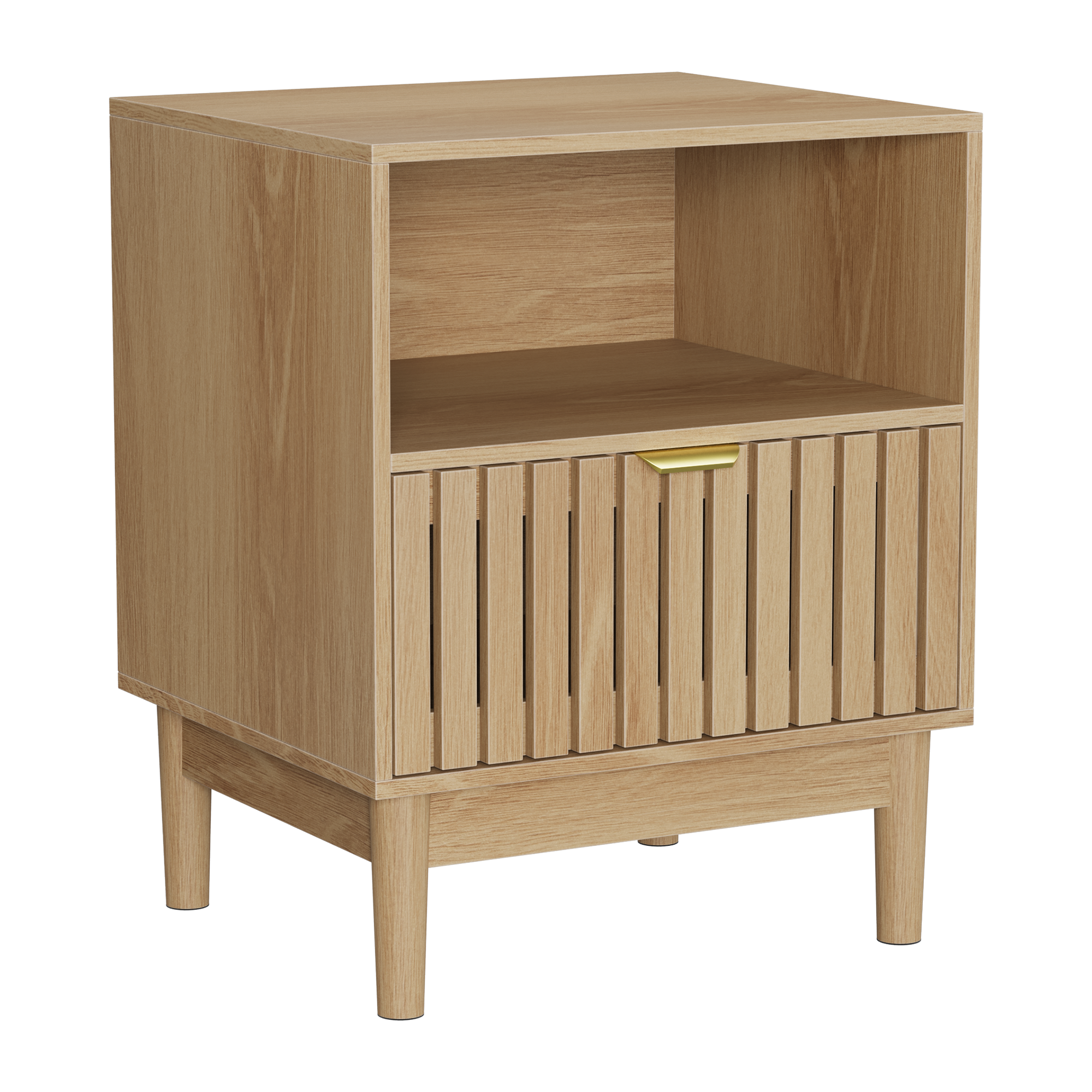 Modern Bedside Table with 1 Drawer and Slatted Design, 45x39x56.5cm, Oak