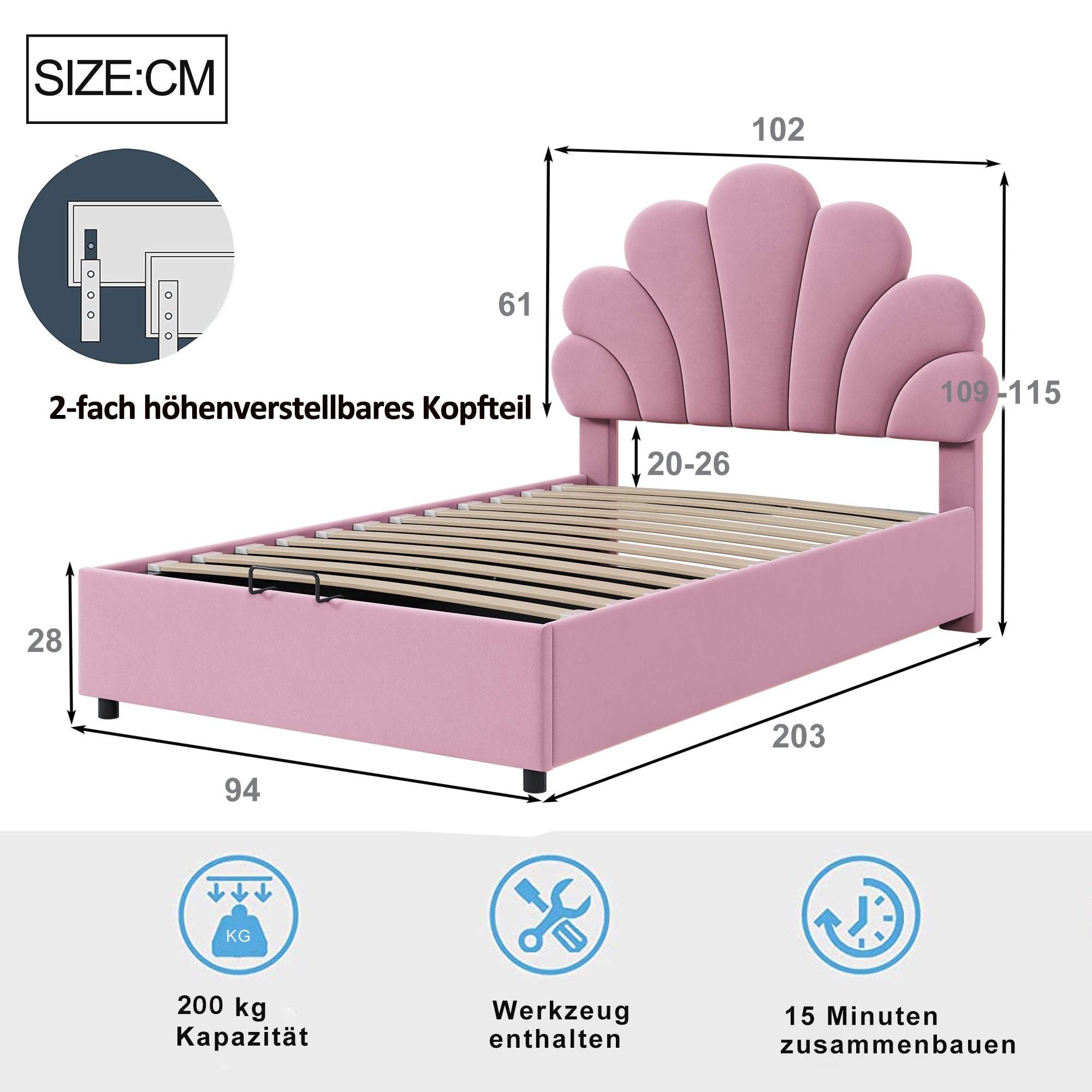 Upholstered Children's Bed 90 x 200 cm, Floral Headboard, Hydraulic Storage, Pink Velvet