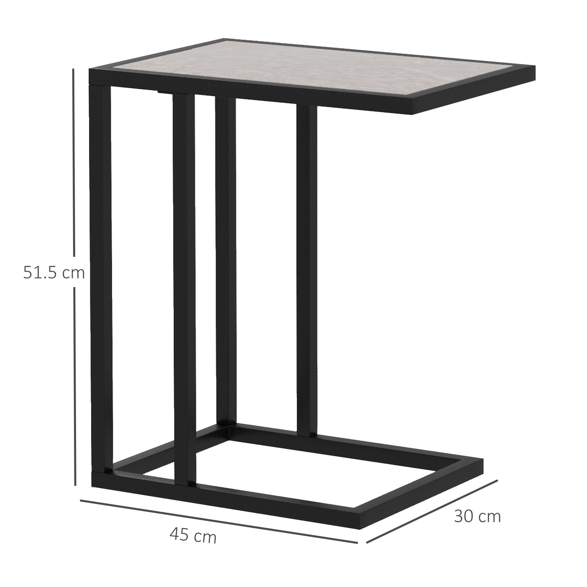 C Shape Bedside Table, Metal Frame Marble-Effect Top Snack End Table, Grey