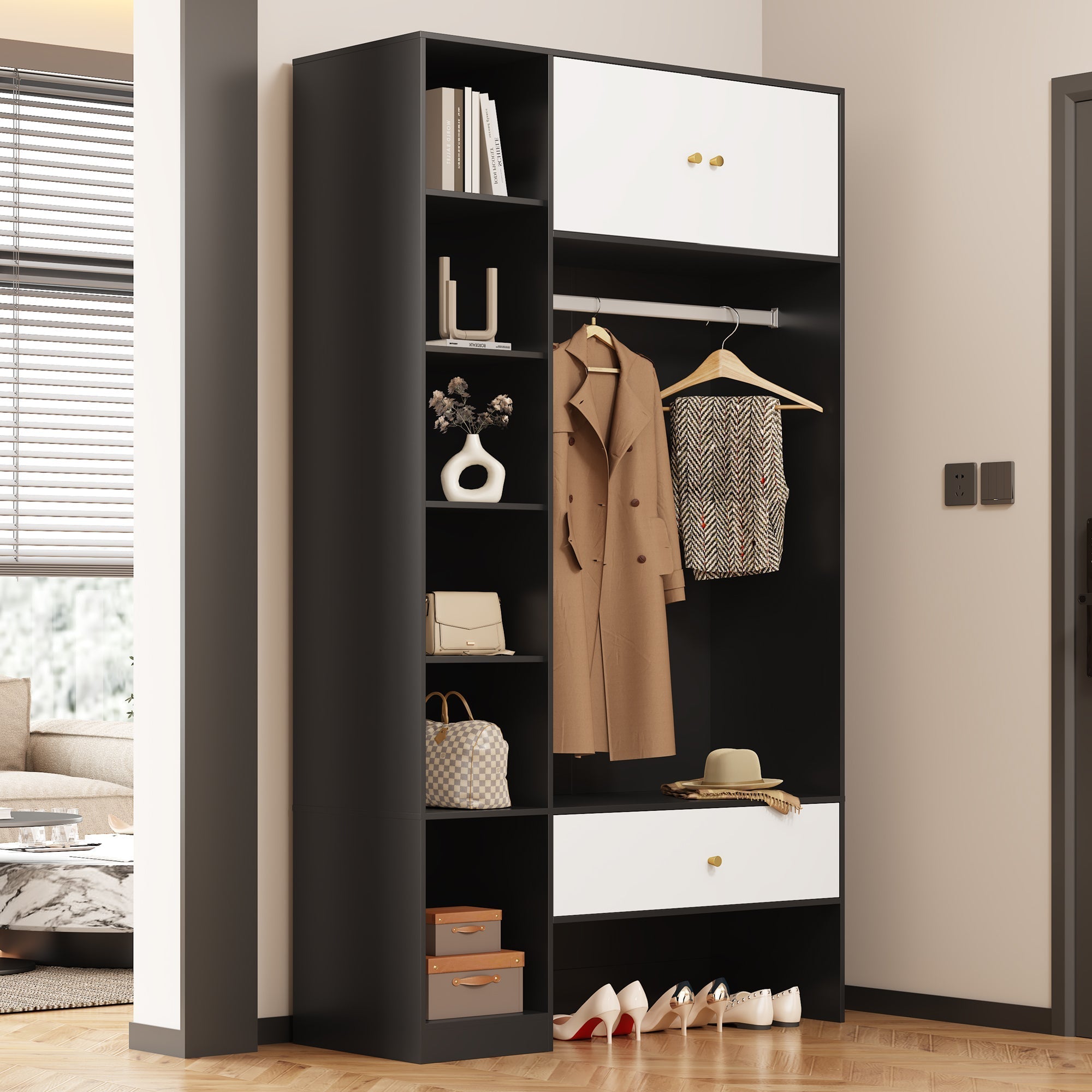 Compact Wardrobe Set 2 Doors 6 Compartments Clothes Rail Drawer Black and White