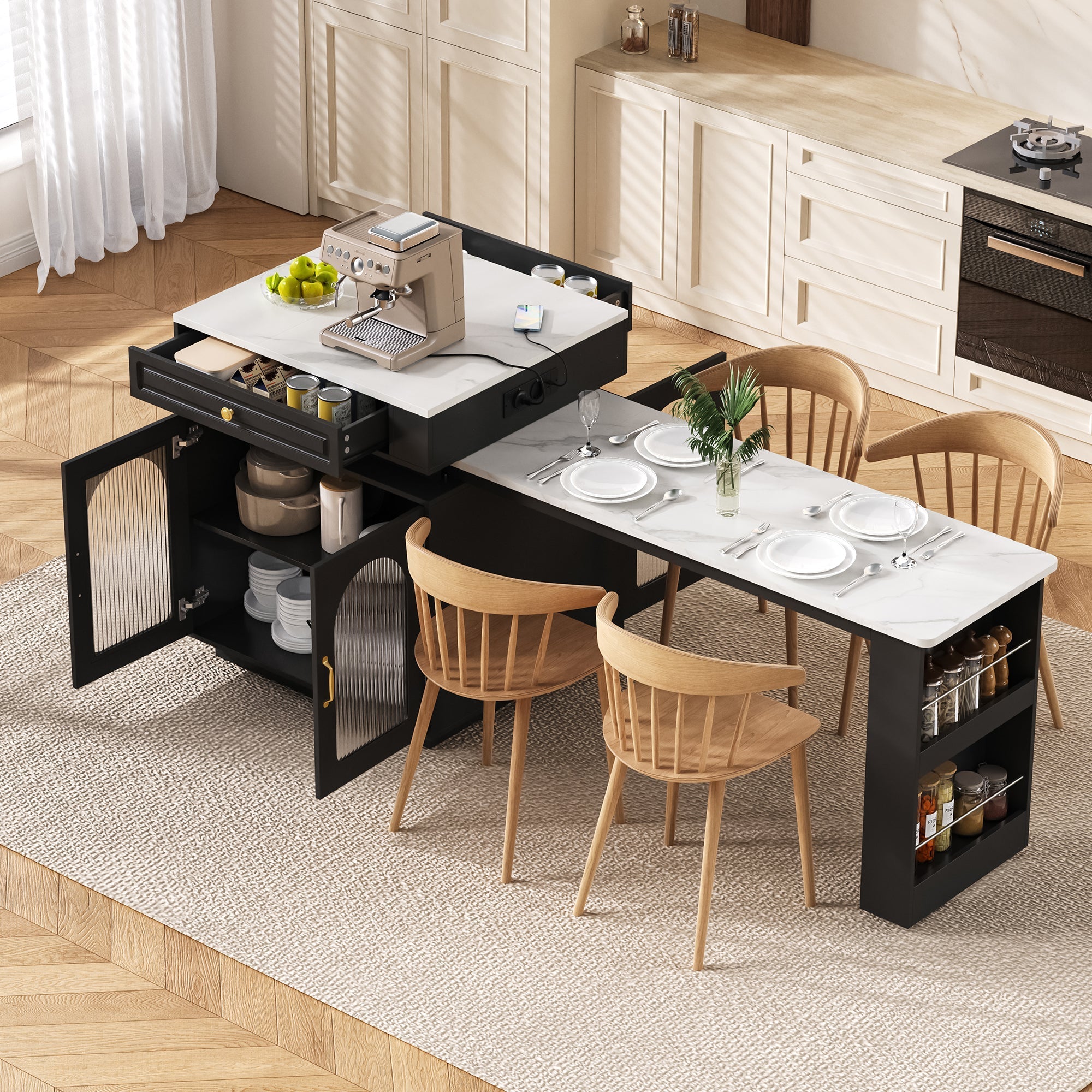 Kitchen Island Extendable Dining Table with Wheels LED Power Strips Black