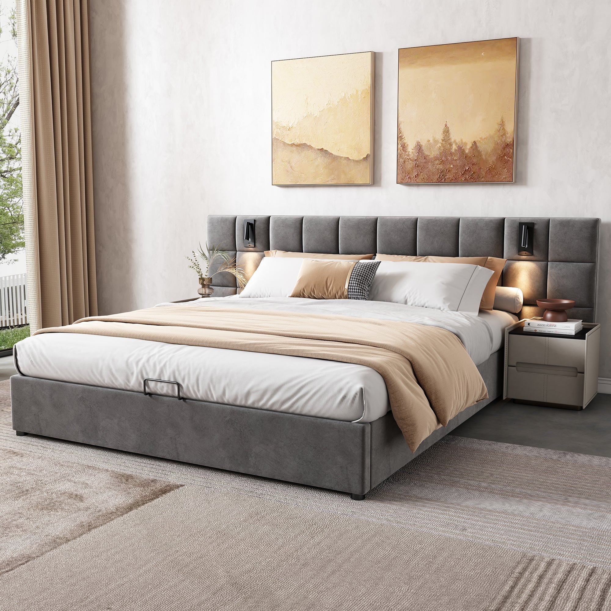 Upholstered Bed Super King Size 6ft Hydraulic Storage with Lamp and USB Charging Velvet Grey