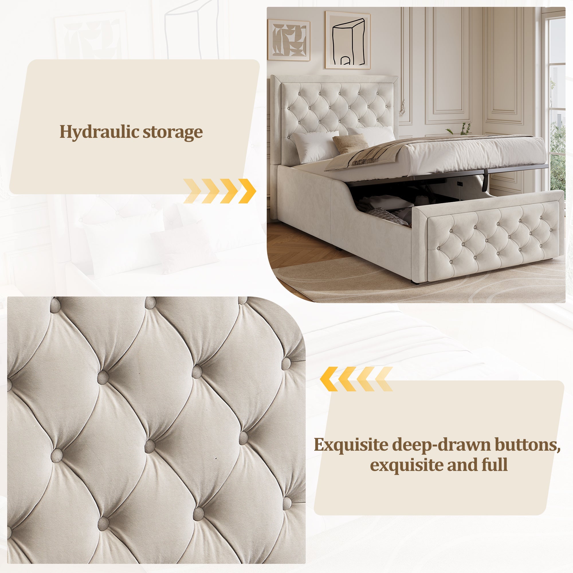 Upholstered Single Bed with Hydraulic Storage and Slatted Base, 90x200cm, Beige Velvet