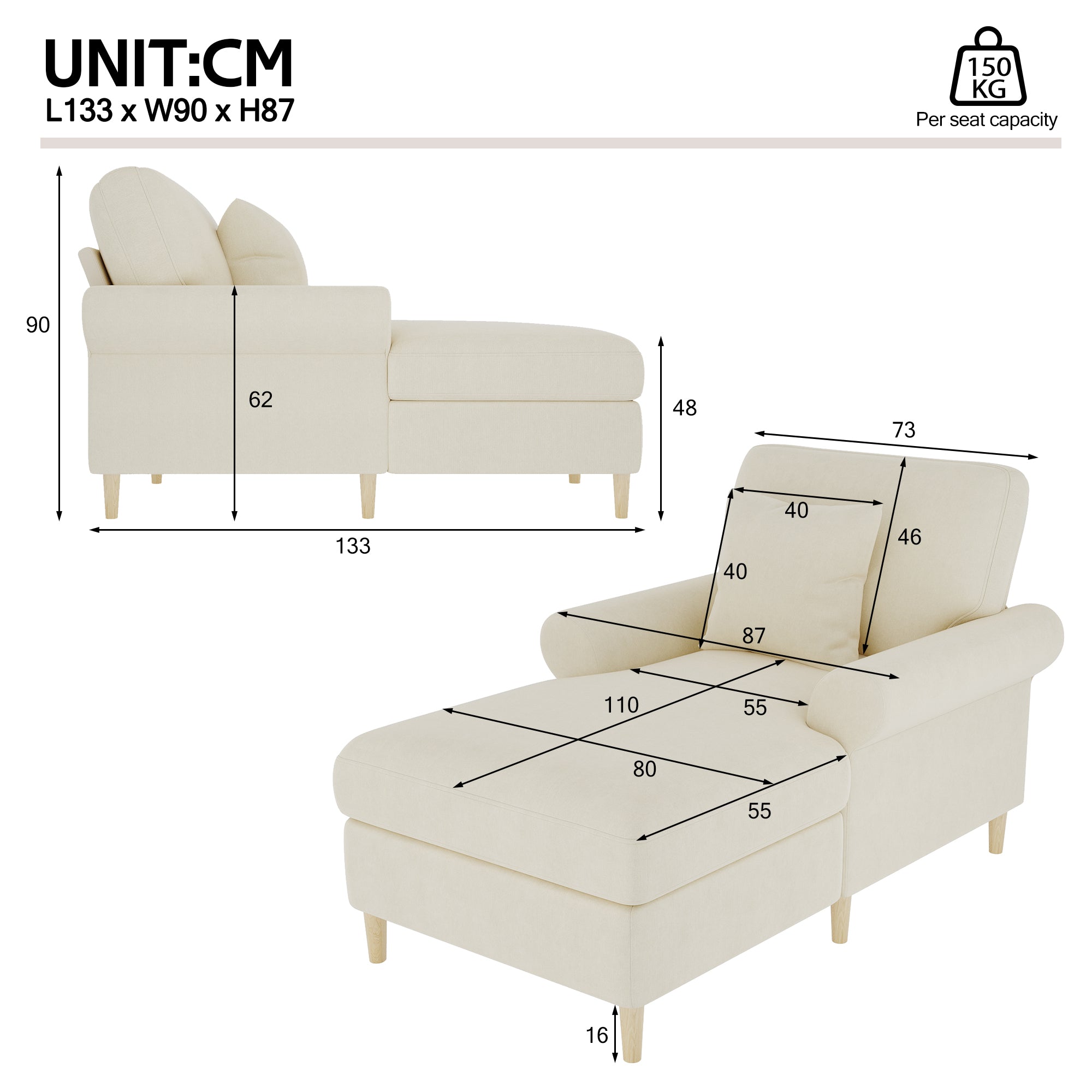 Upholstered Recliner, Folding Sleeper Chair, XXL Reading Lounge Chair, Velvet Beige