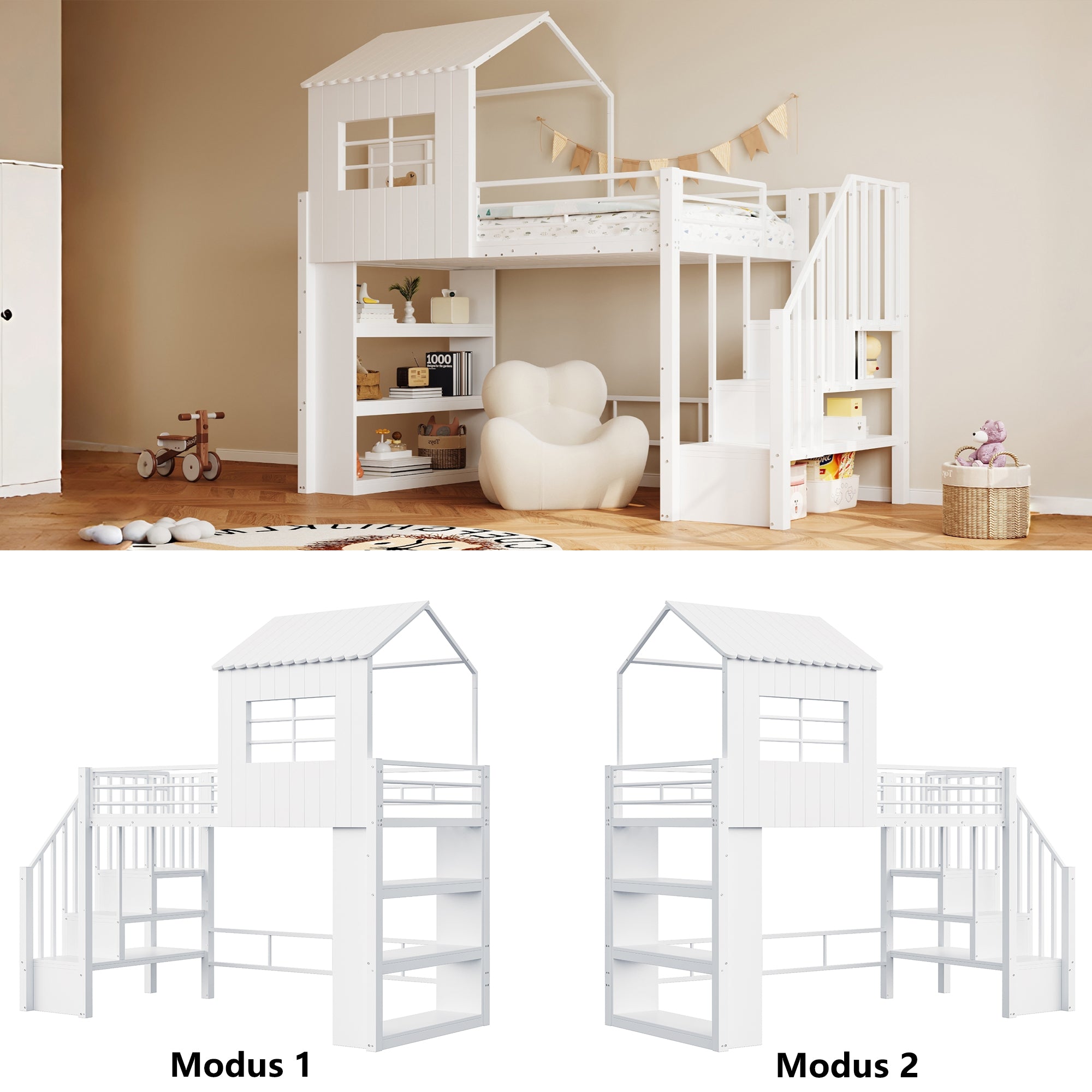 Iron Loft Bed with House Design, Storage Shelf and Safety Stairs, 90x200cm, White
