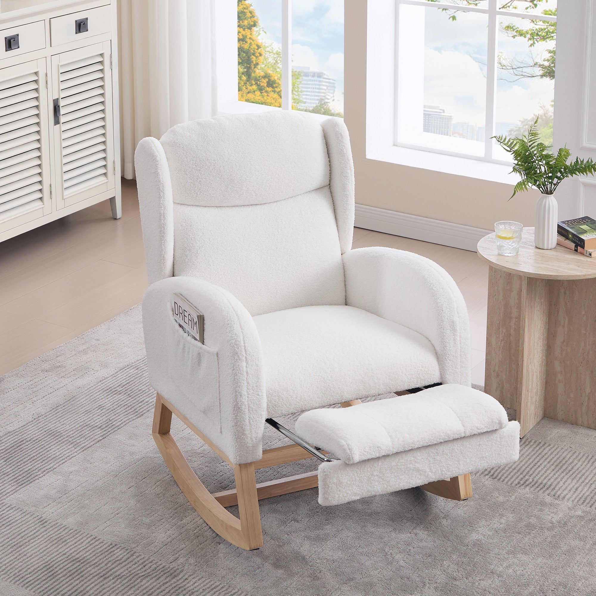 049B Rocking Chair, Nursing Lounge Chair with Adjustable Footrest, Teddy Fabric White