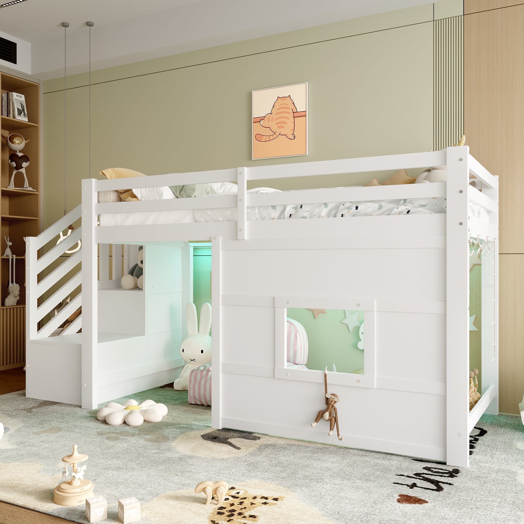 Loft Bed with Storage Stairs and Window, 90x200cm, White Pine Wood + MDF