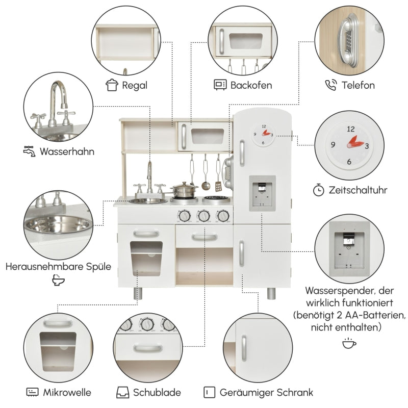 Children's Kitchen Playset with Accessories and Storage for Ages 3+, Pine and MDF, White