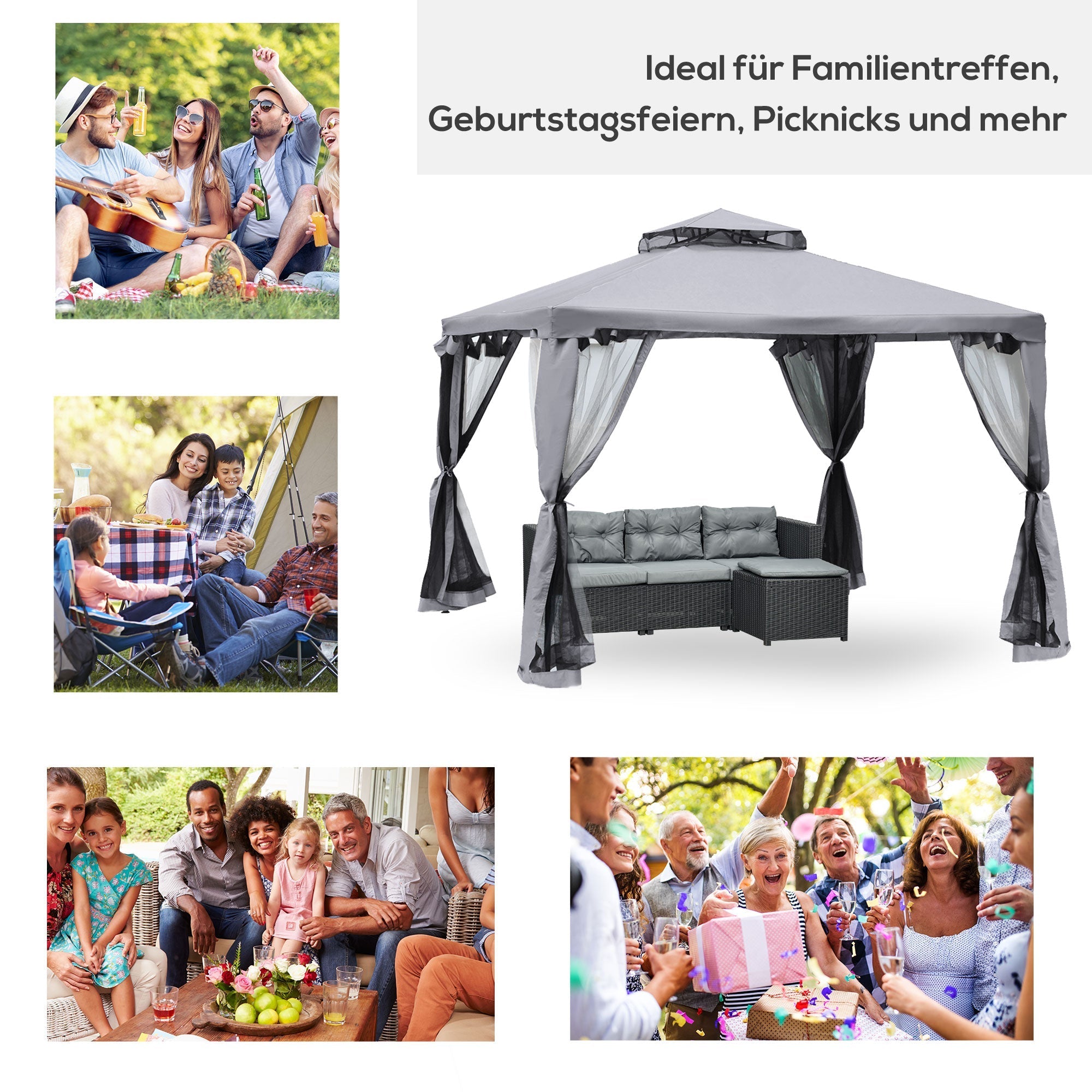 Garden Pavilion Party Tent 3x3m 4 Side Walls Weatherproof Metal/Polyester Light Grey