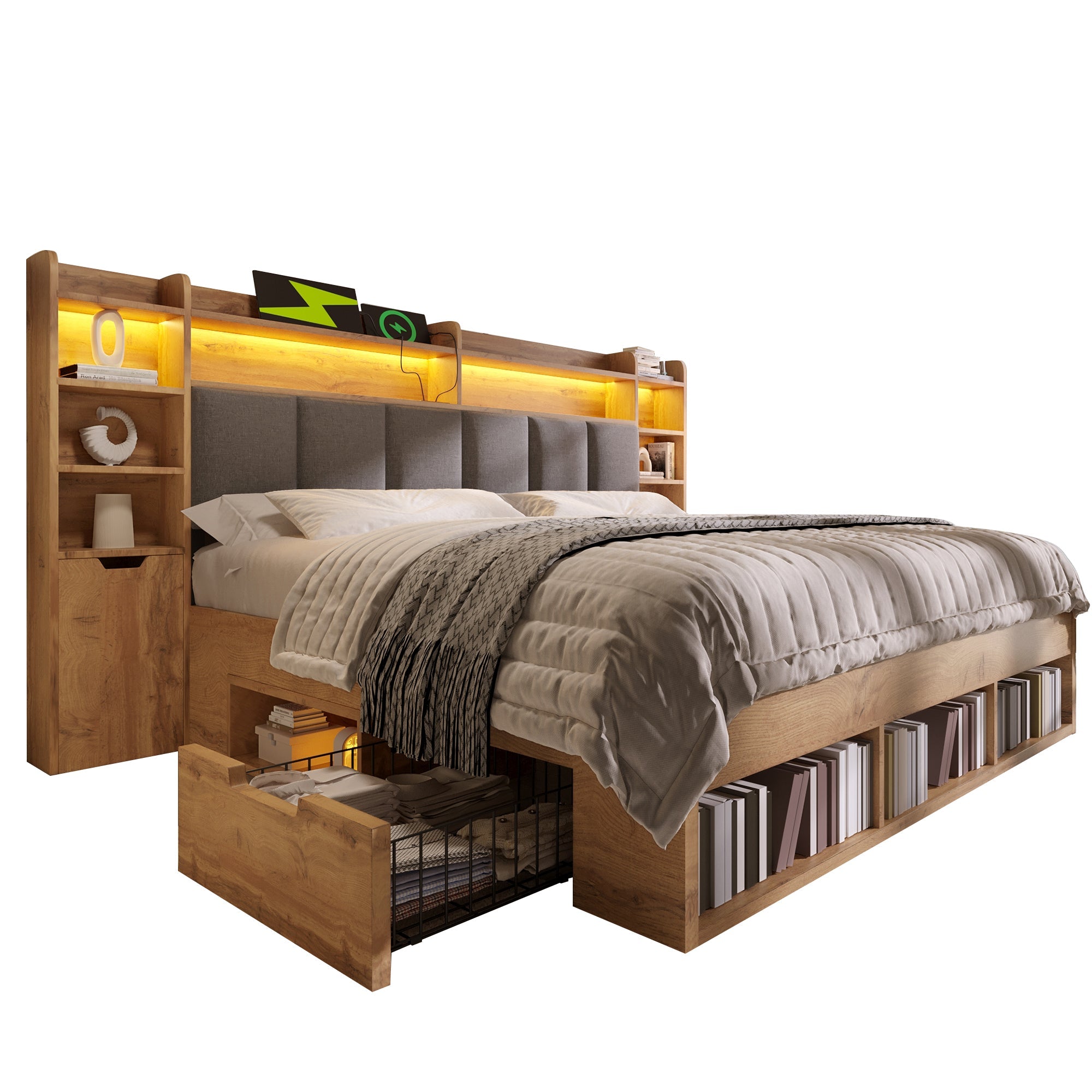 Double Bed System Bed with LED Headboard, Bedside Tables, USB Ports and Storage, 180x200cm, Oak Finish