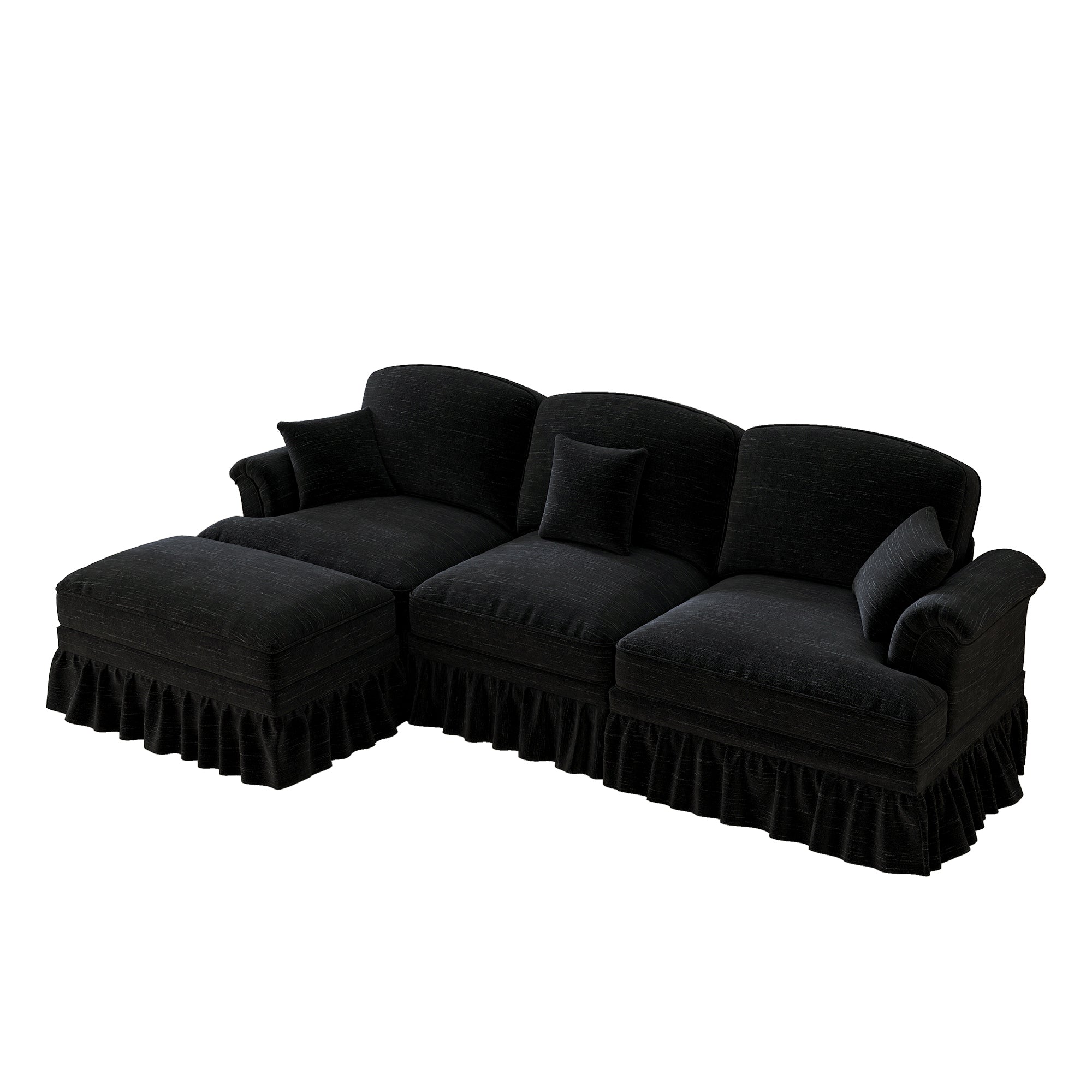 Modular L-Shaped Sofa 3-Seater Mid-Century Ottoman - Chenille Black