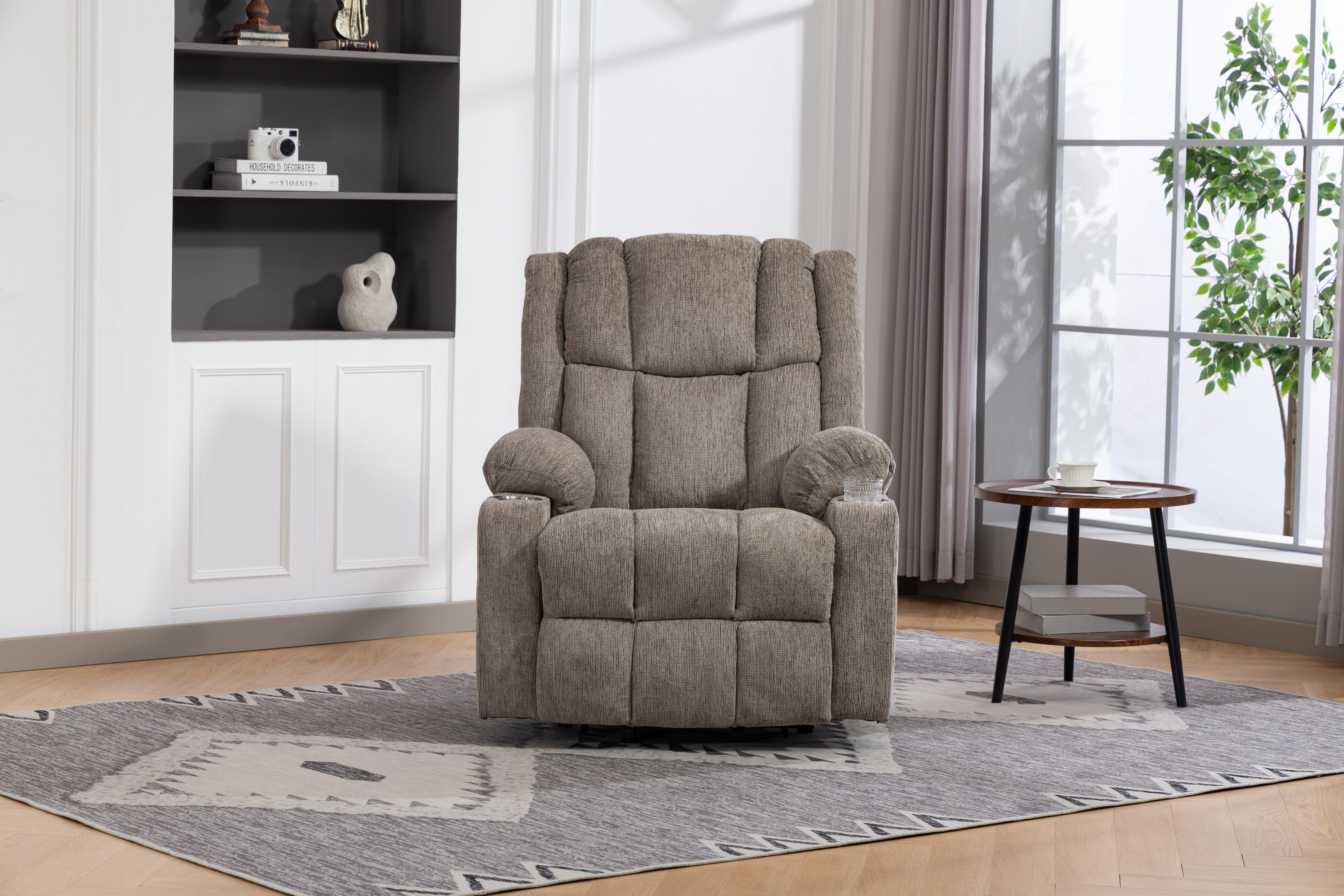 Electric Recliner Armchair with Lift Assistance, Massage, Heat, Footrest & Cupholder - Light Brown