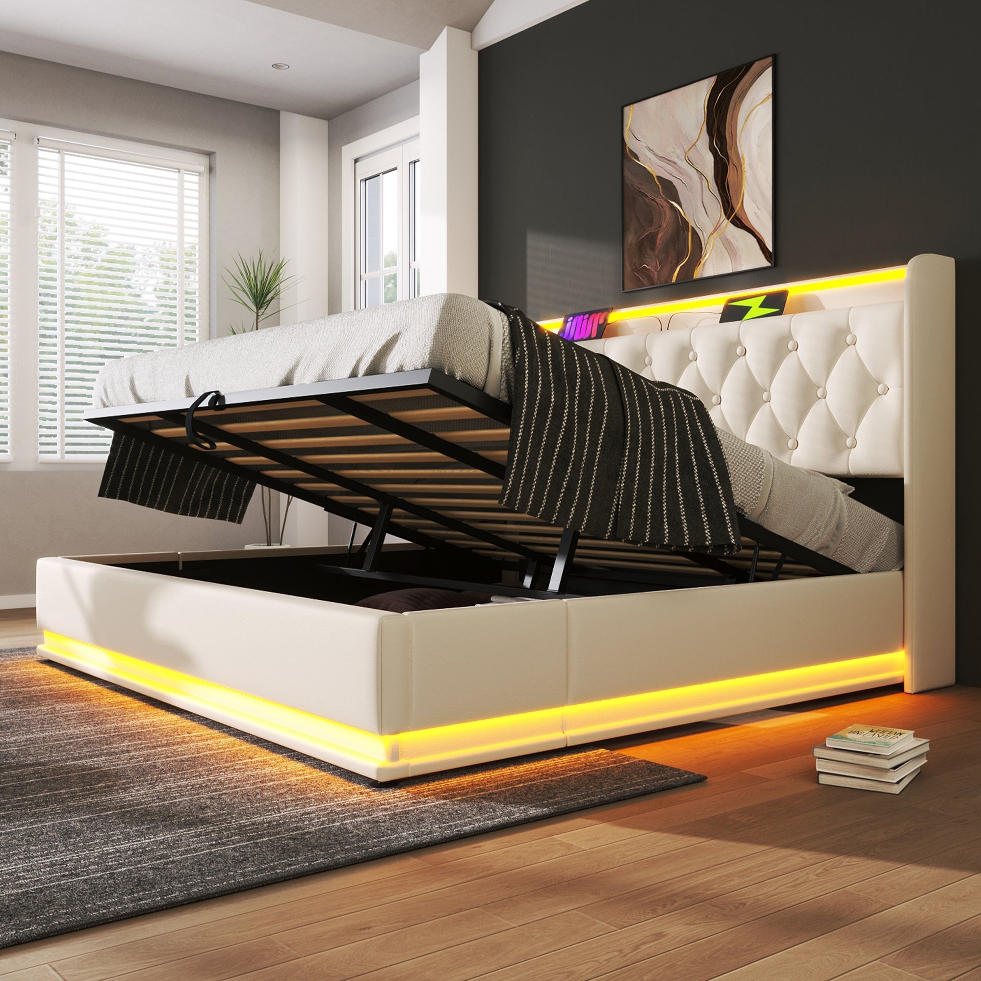 Upholstered Double Bed with Hydraulic Storage, 360 Degree LED and USB C Charging, 180x200cm, White PU Leather