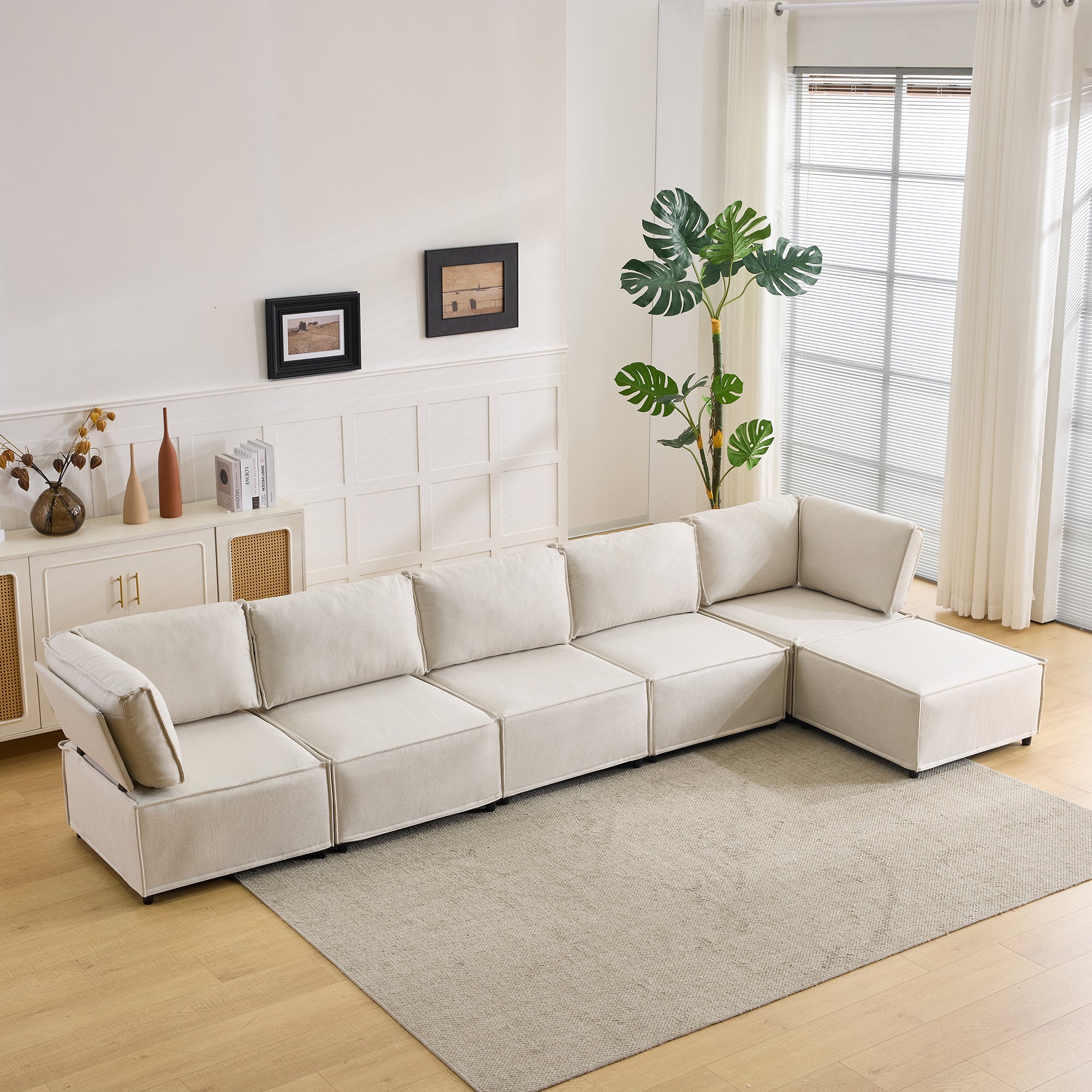Semi-Compressed Modular Sofa Set, Versatile Flexible Wood Frame, Beige Linen Fabric