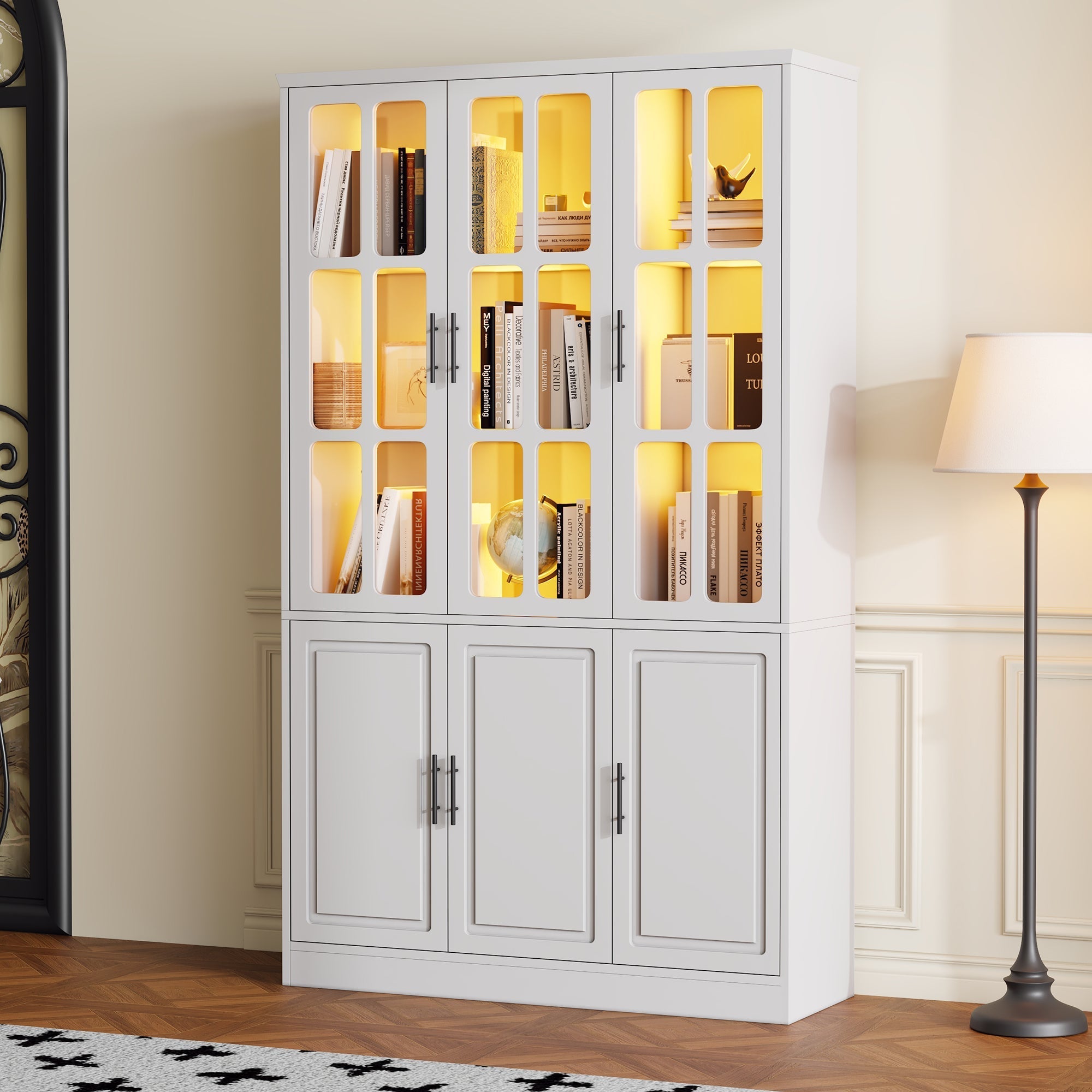 Standing Display Cabinet with 6 Doors and LED Lighting, White