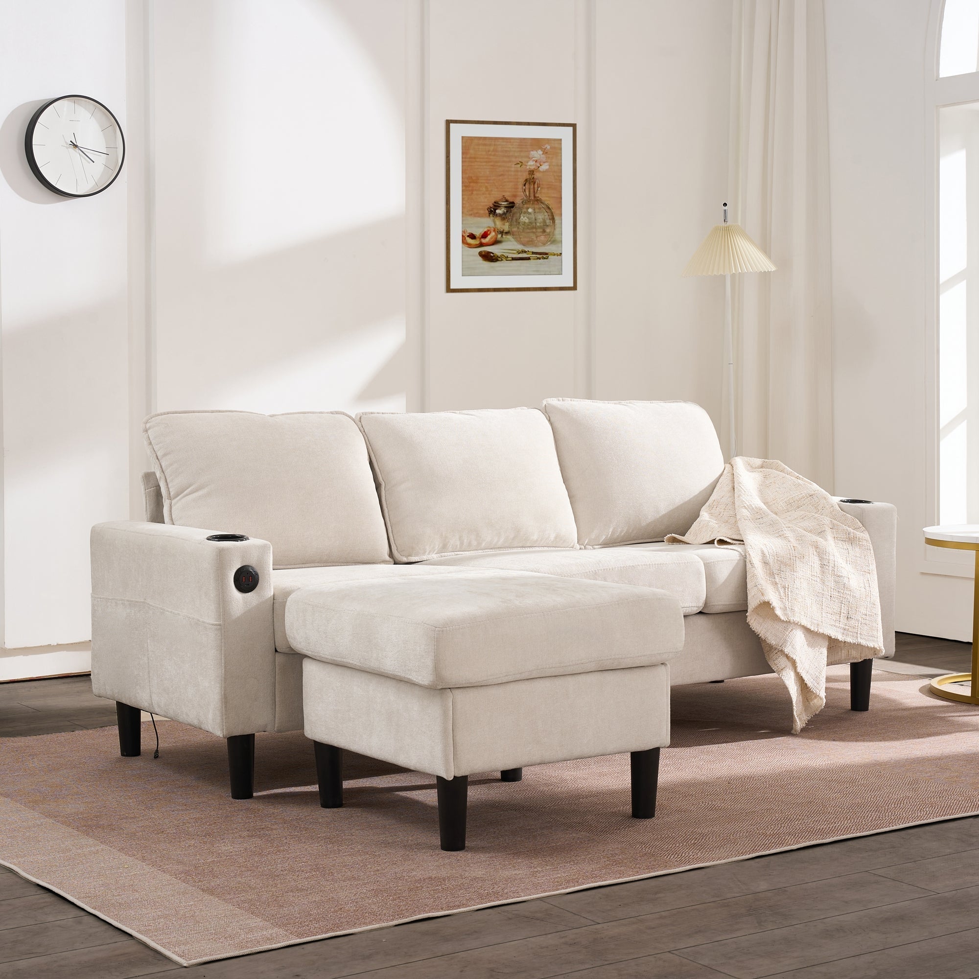 Upholstered Sofa, 3-Seater L-Shaped Sofa Bed with USB & Type-C Ports & Cup Holders, Beige