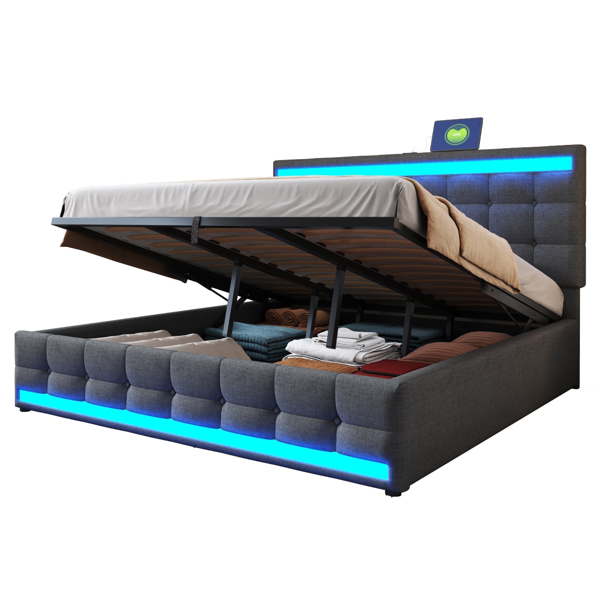 Upholstered Bed 180x200 Hydraulic Storage USB LED Light Strip Children's Bed, Grey Linen