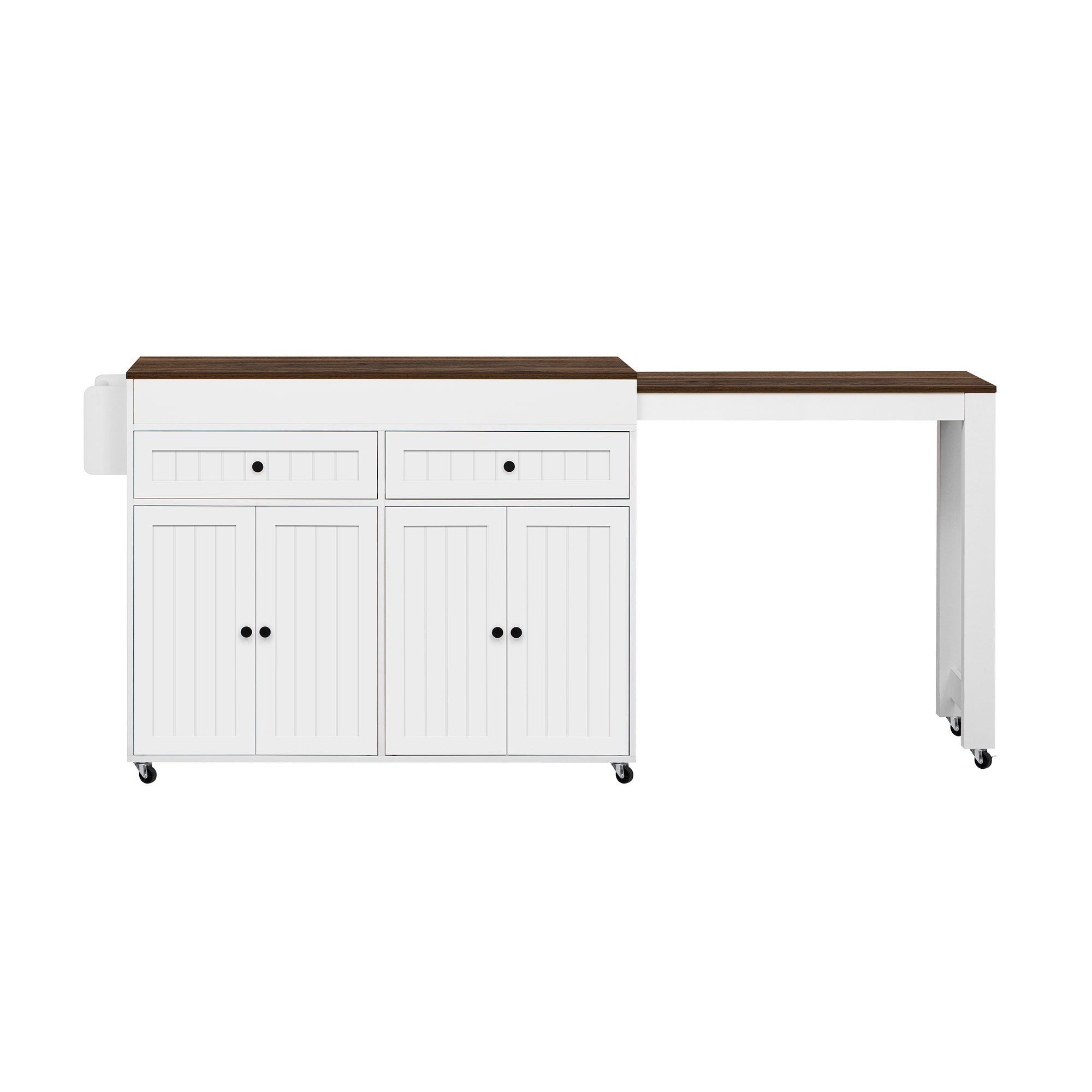 Kitchen Island on Wheels, Extendable with Worktop & Drawers, White + Walnut