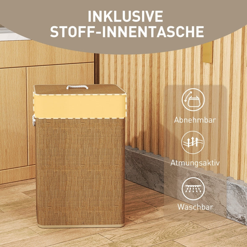 Bamboo Laundry Basket 72L with Lid, Rope Handles, Removable Laundry Bag, Brown